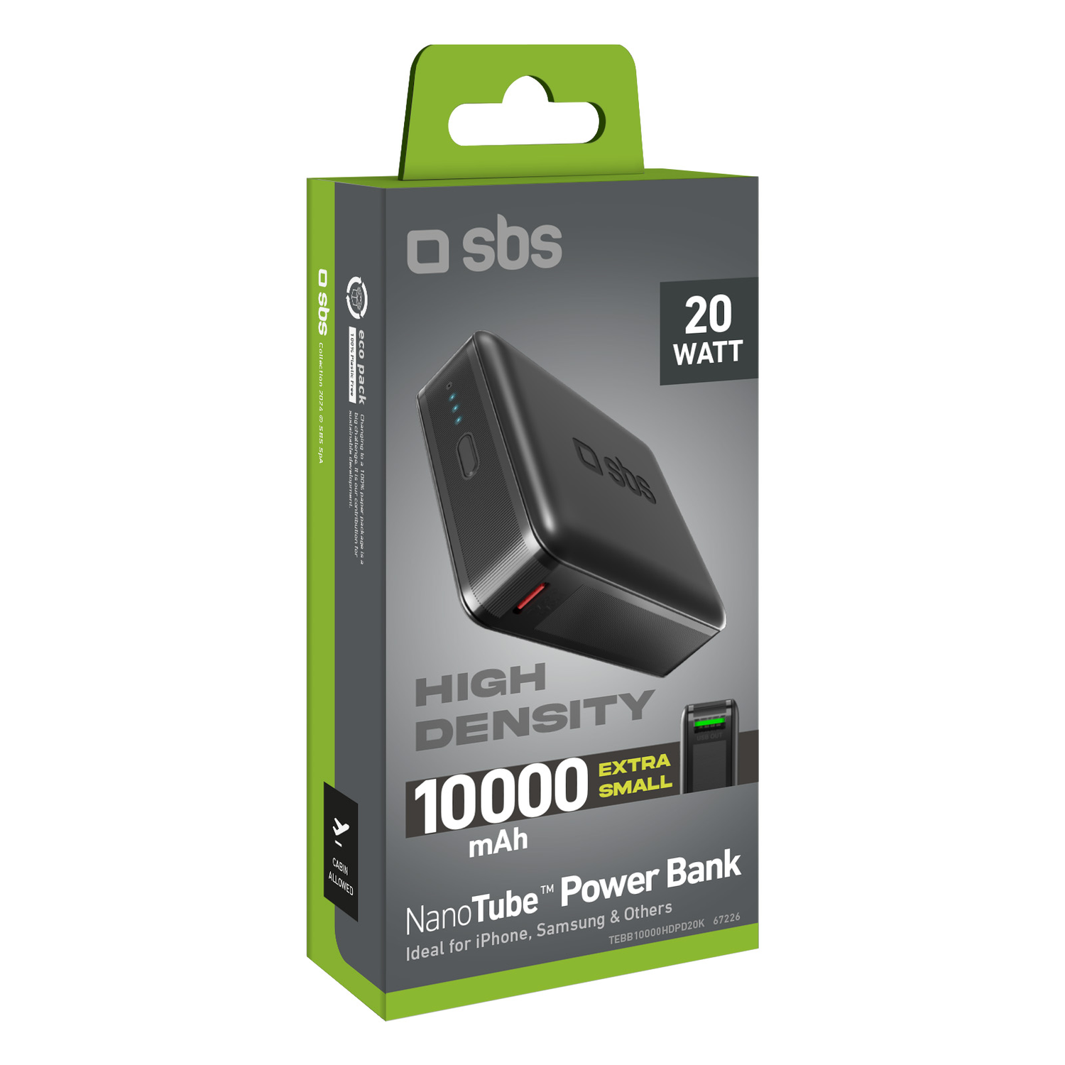 Black power bank in a green box. It has 20W, 10000 mAh, and is extra small. Ideal for iPhone and Samsung.