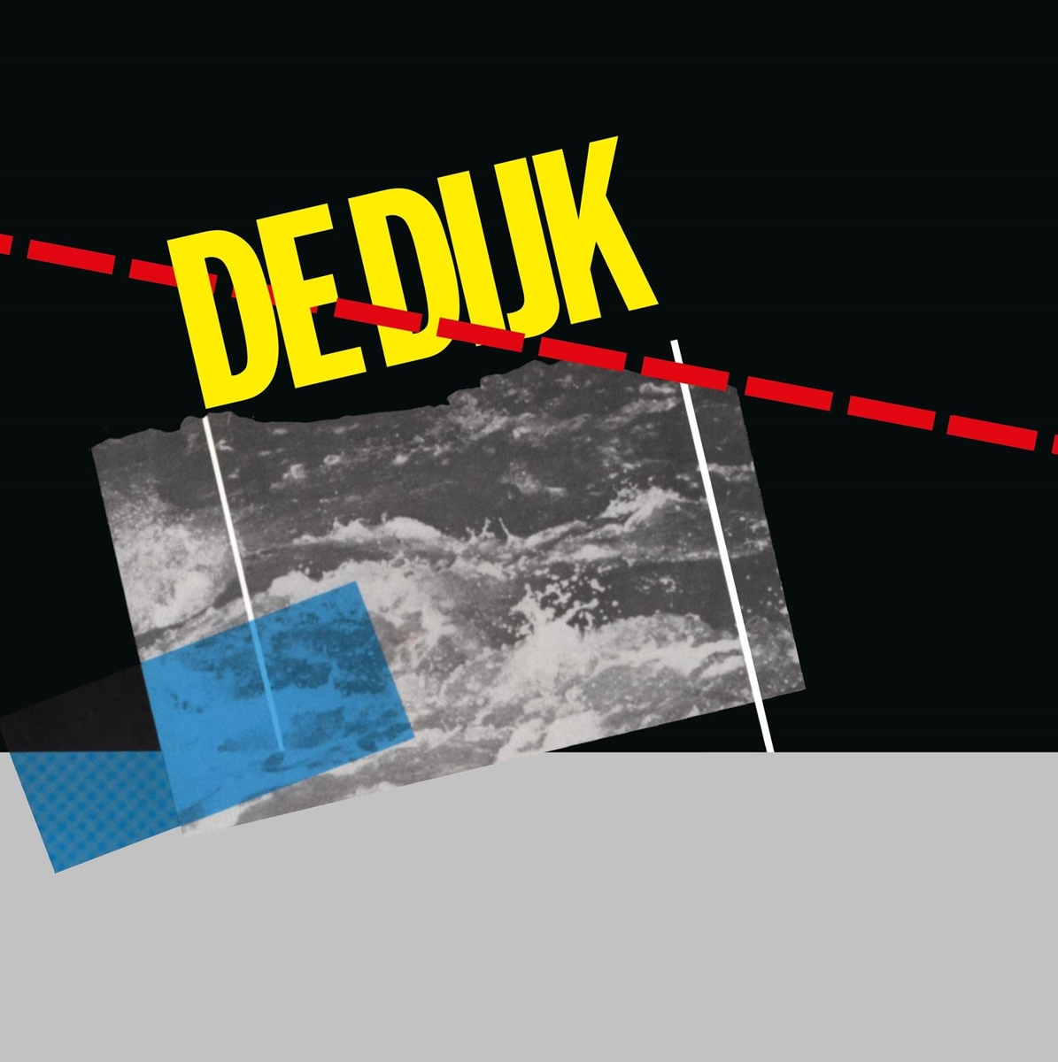 Albumhoes 'De Dijk' met tekst, zwarte achtergrond en abstract ontwerp.