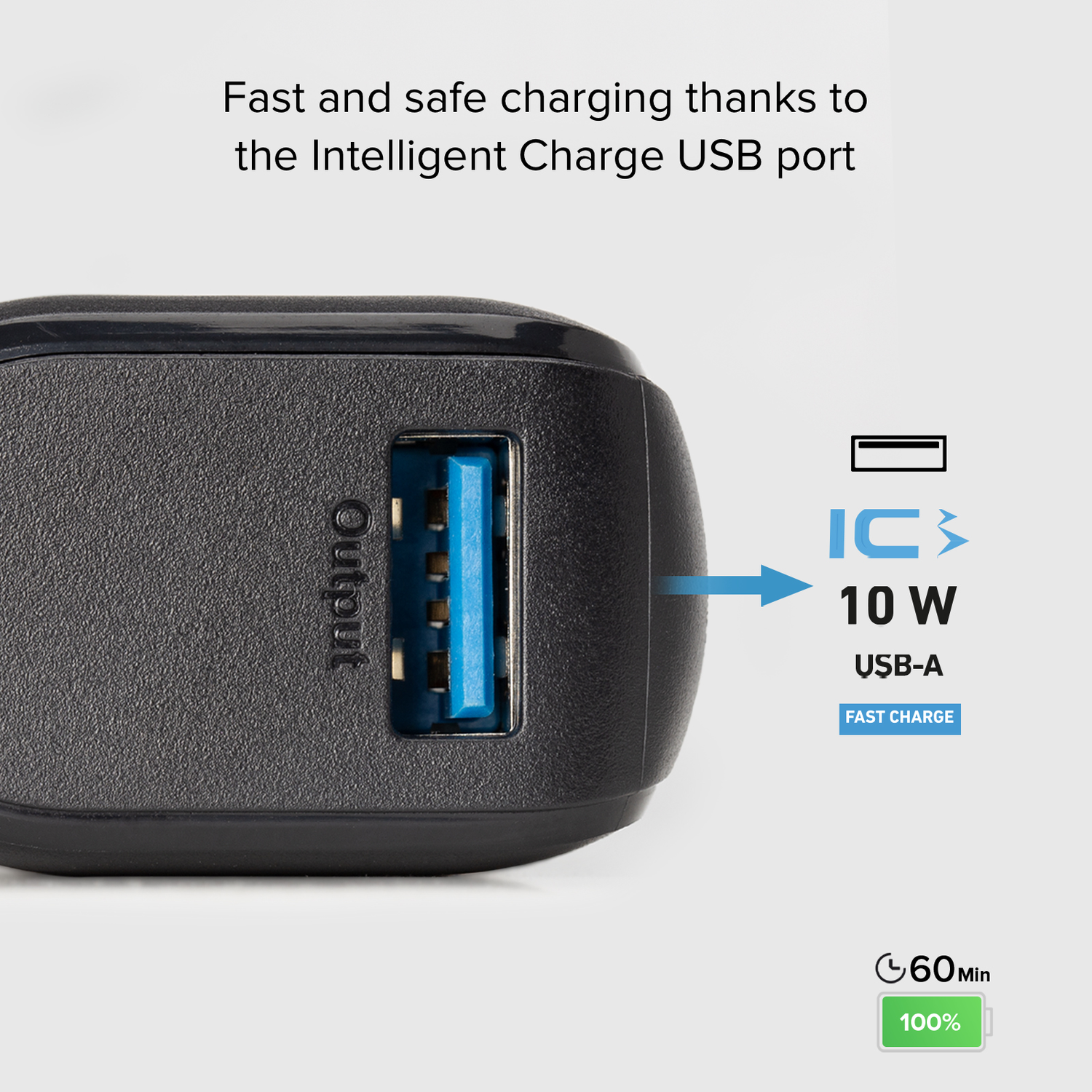 Black USB charger with blue USB port. Text: Fast Charge. White background, close up.