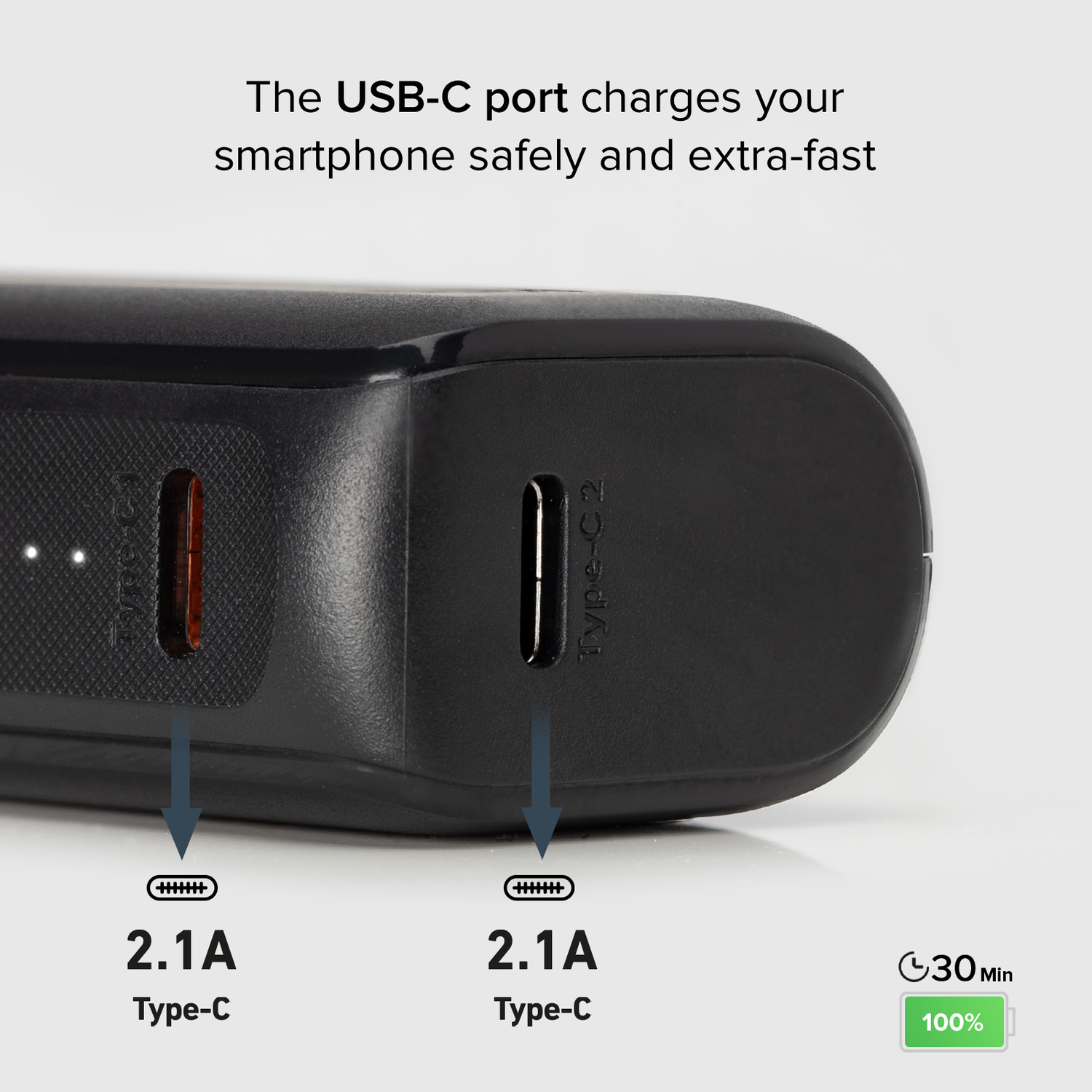 Black power bank with two USB-C ports, text indicating 2.1A charging and 30-min fast charge.