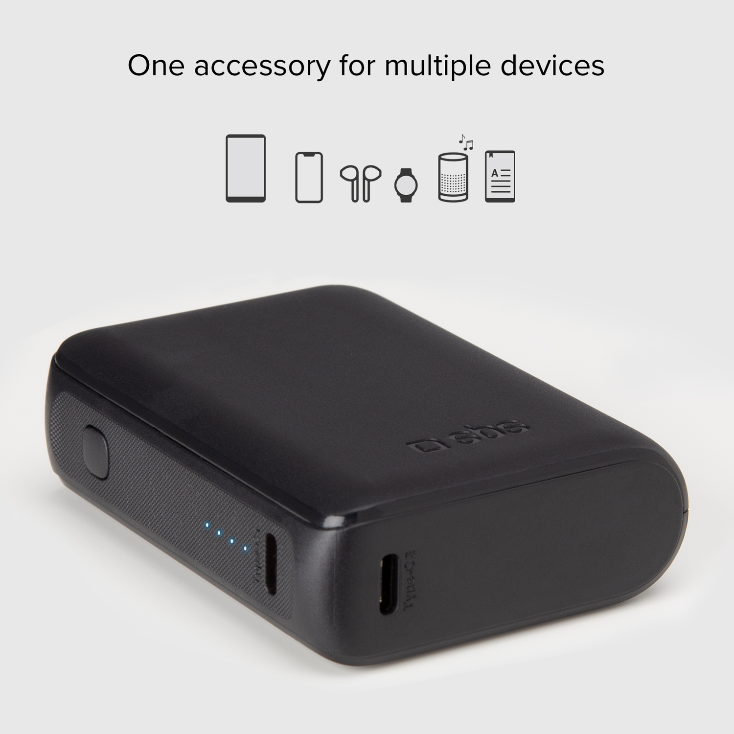 Black portable charger with icons and text.