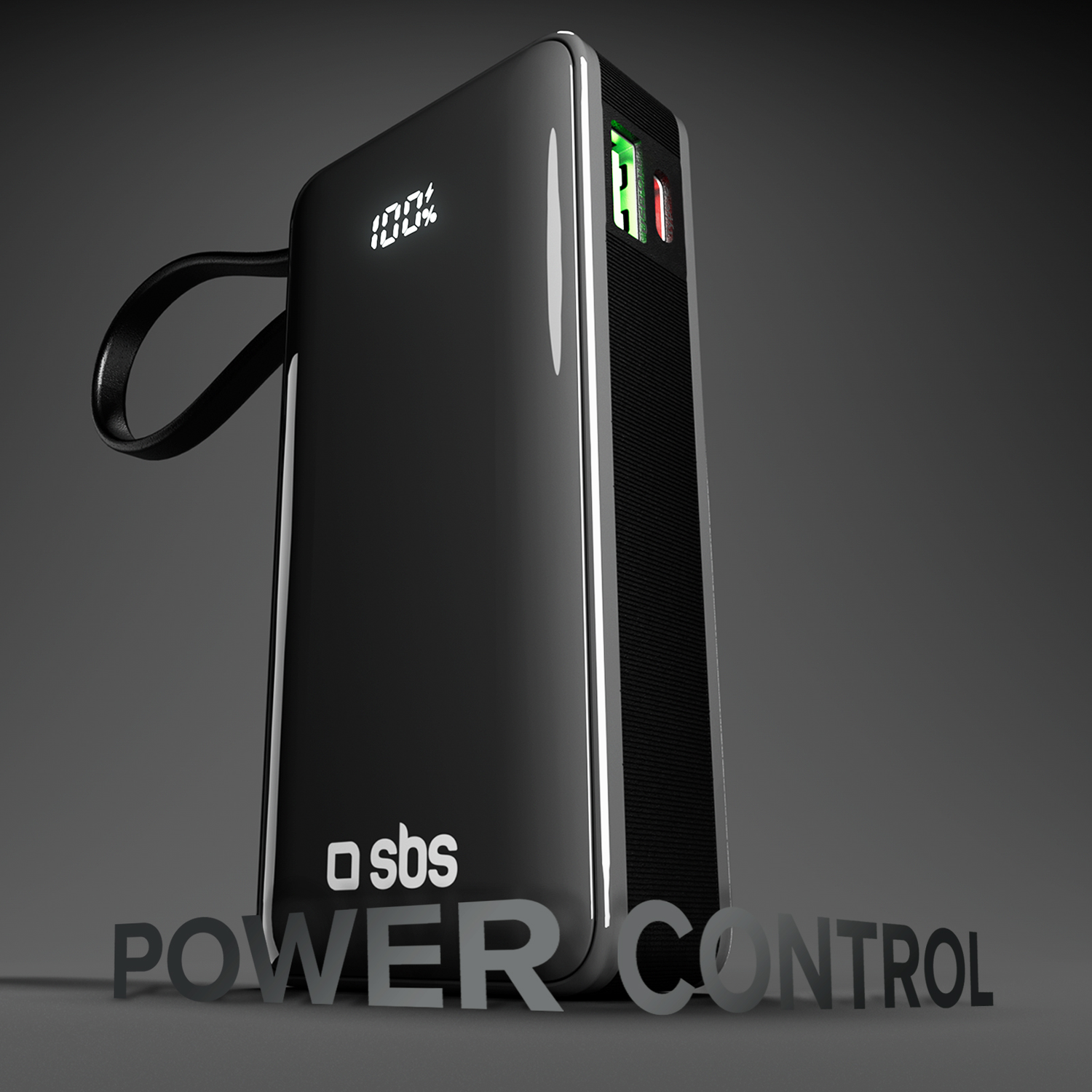 Black SBS power bank with a digital display and power control text.