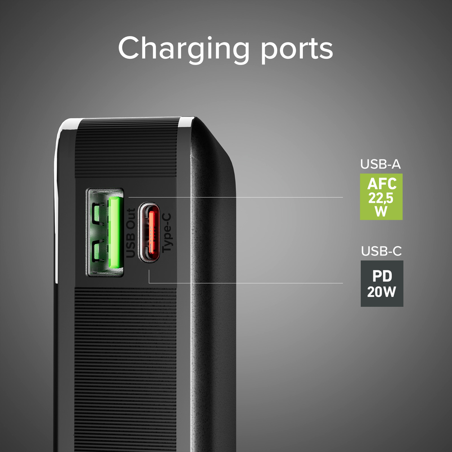 Close-up of a power bank showing charging ports: USB-A, USB-C, with text labels.