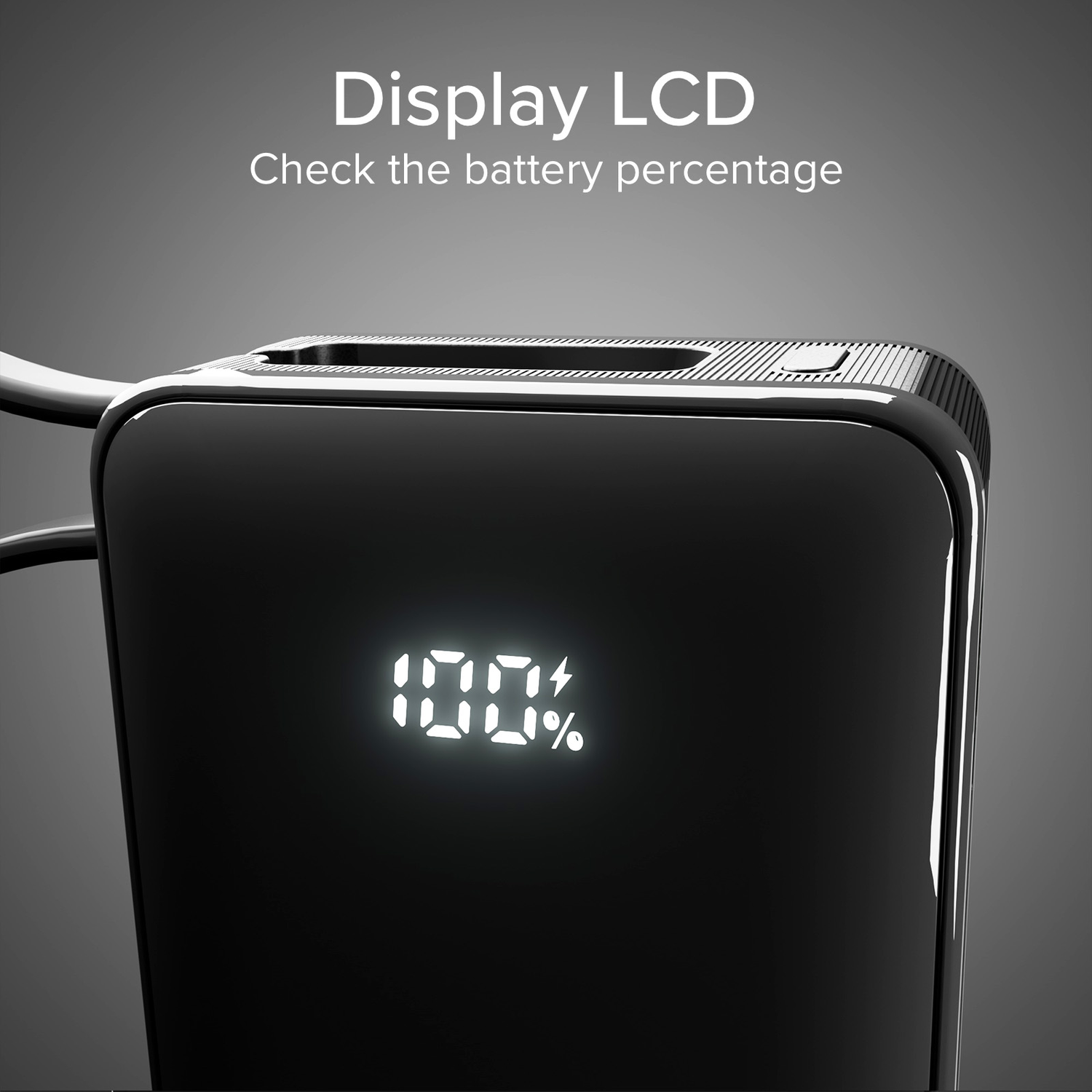 Black power bank with a display showing 100%. White text on the screen.