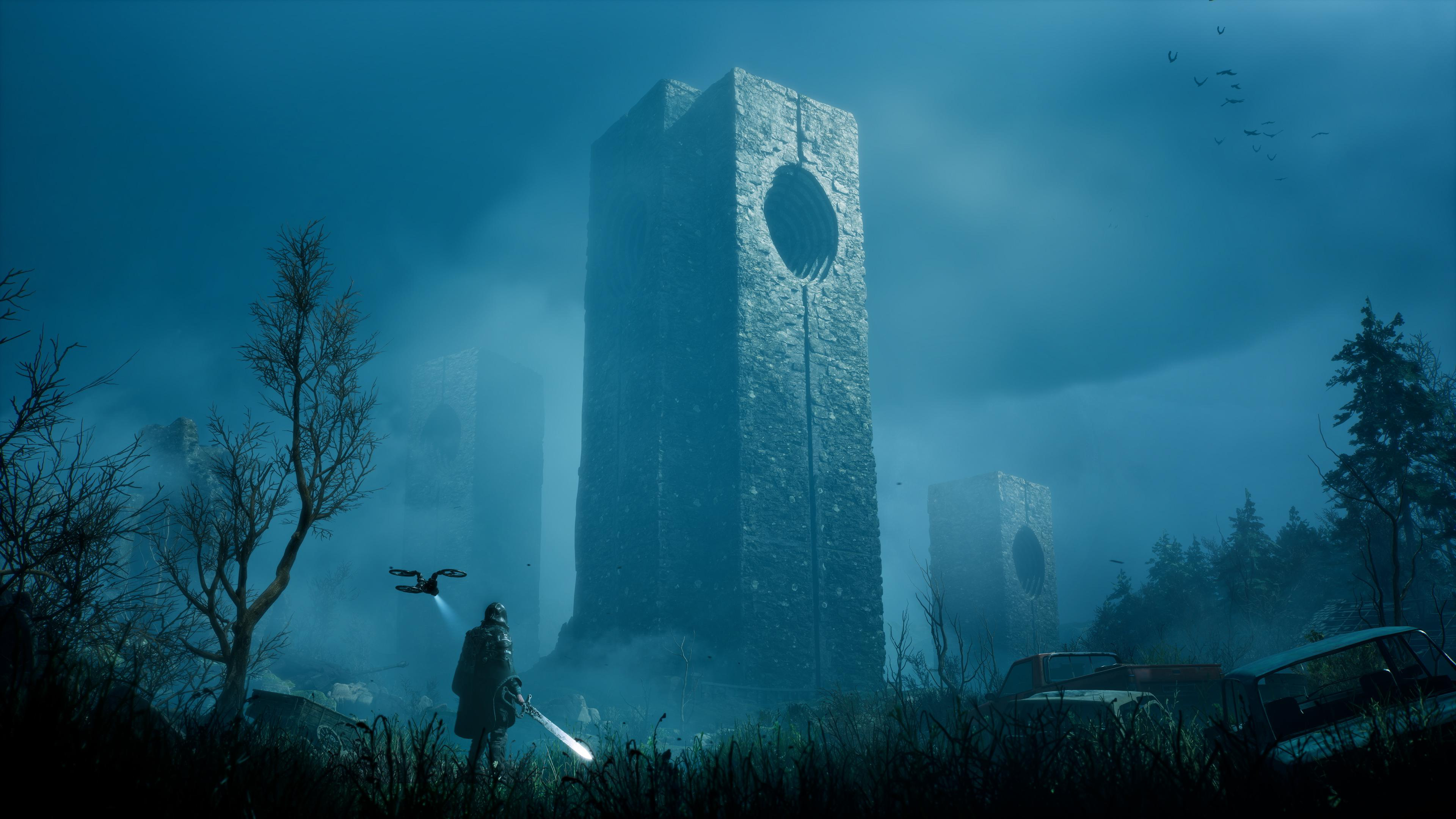 Ein künstlerisches Bild von Steinmonumenten in einer nebligen, dunklen Landschaft mit Sci-Fi-Element.
