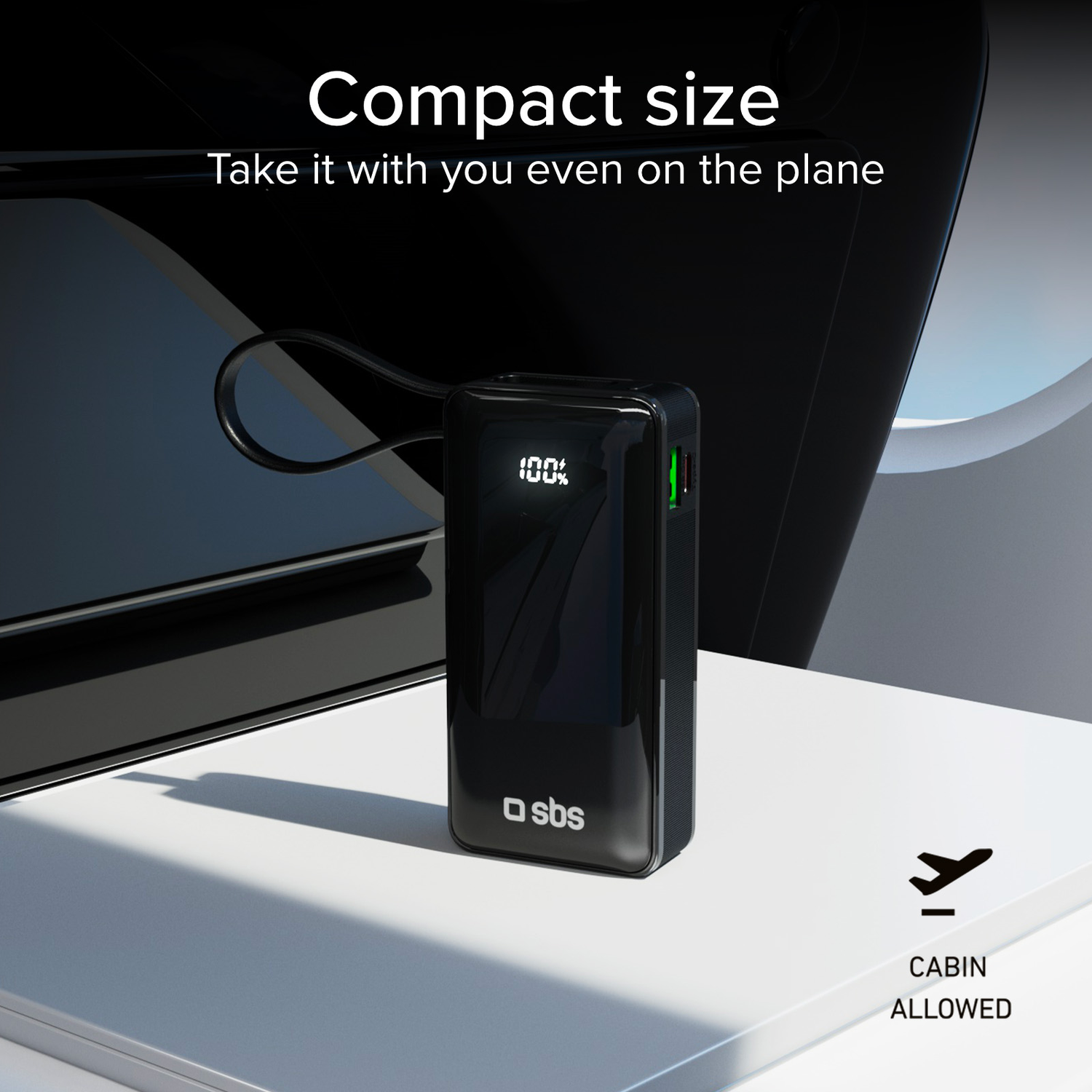 Black power bank with screen showing 100%, next to a plane window. Text says 'Compact size, cabin allowed'.
