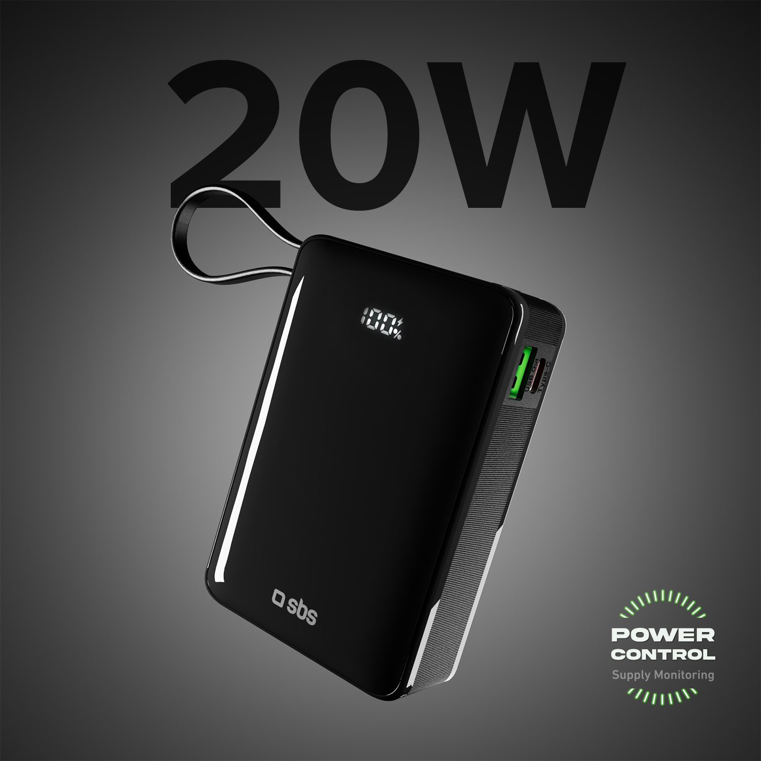 A black power bank with a digital display showing 100% charge, with a 20W label.