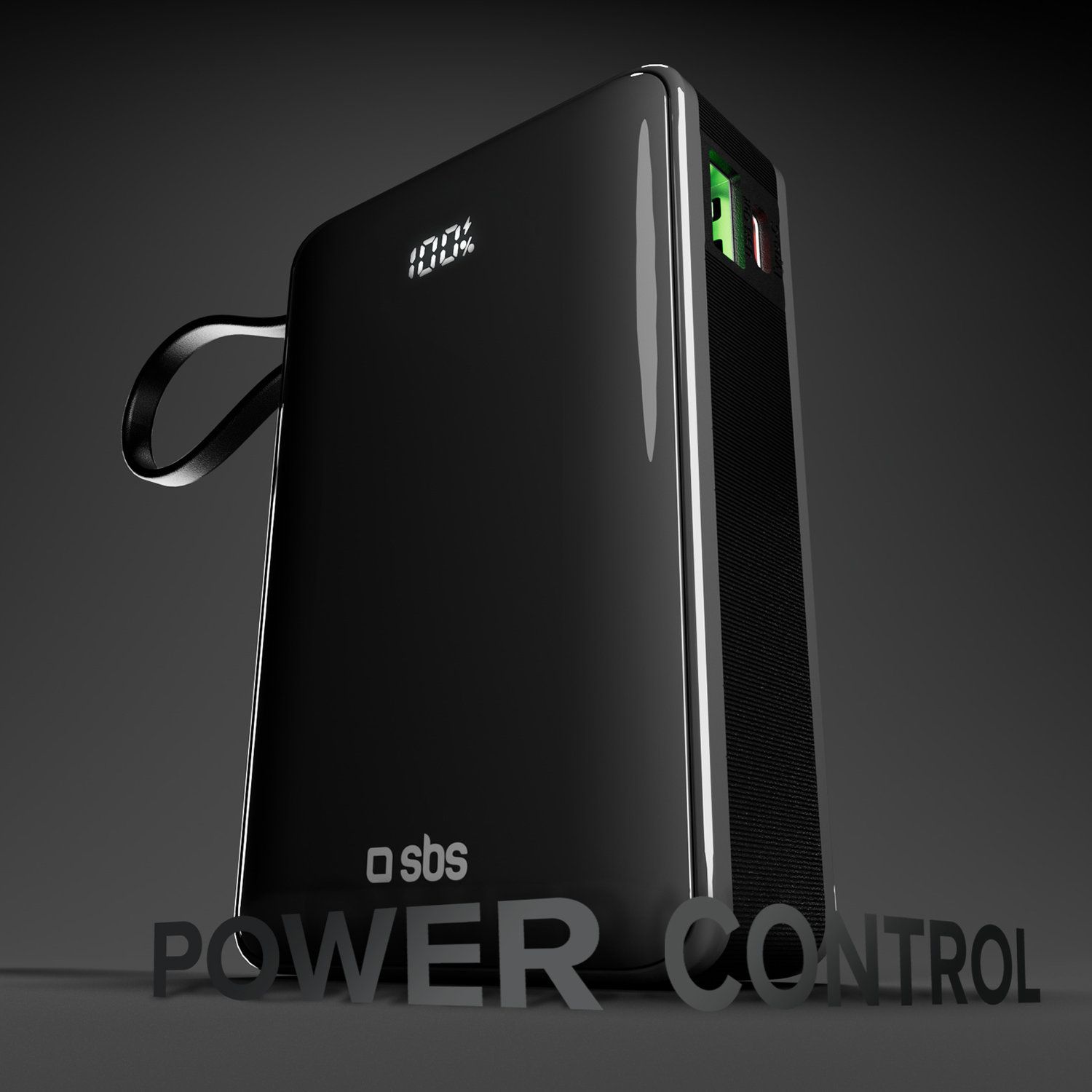 Black power bank with a loop and a white display showing 100%.