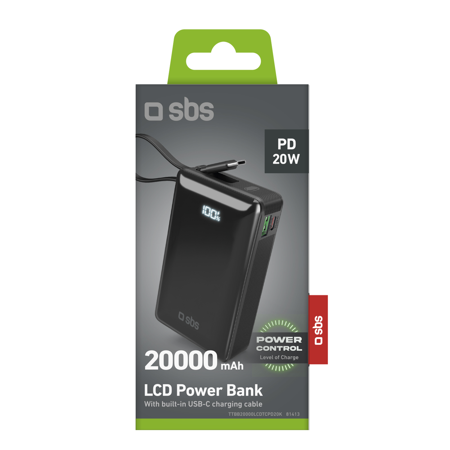 Black power bank with a charging cable and display. The display shows 100% charge.