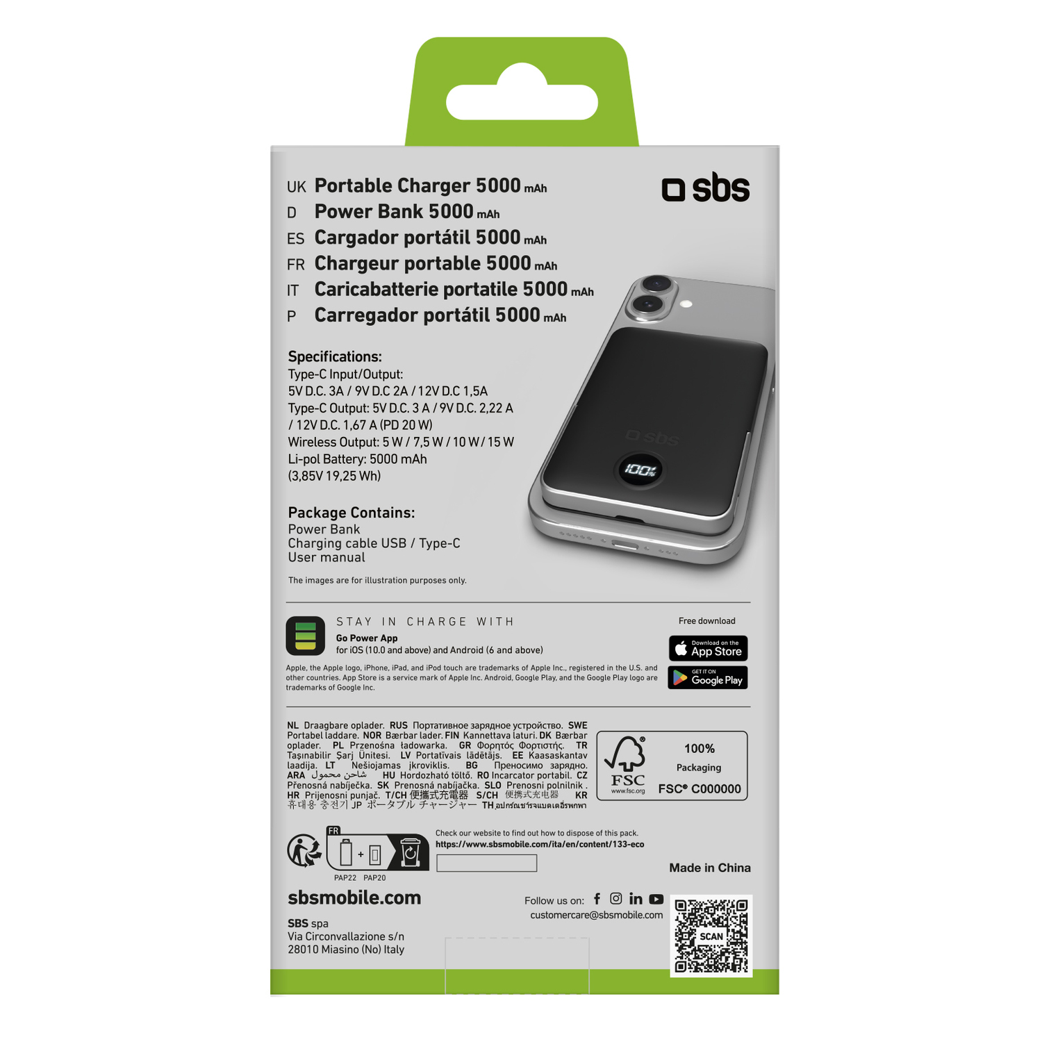 A power bank in its packaging with text and images and a phone.