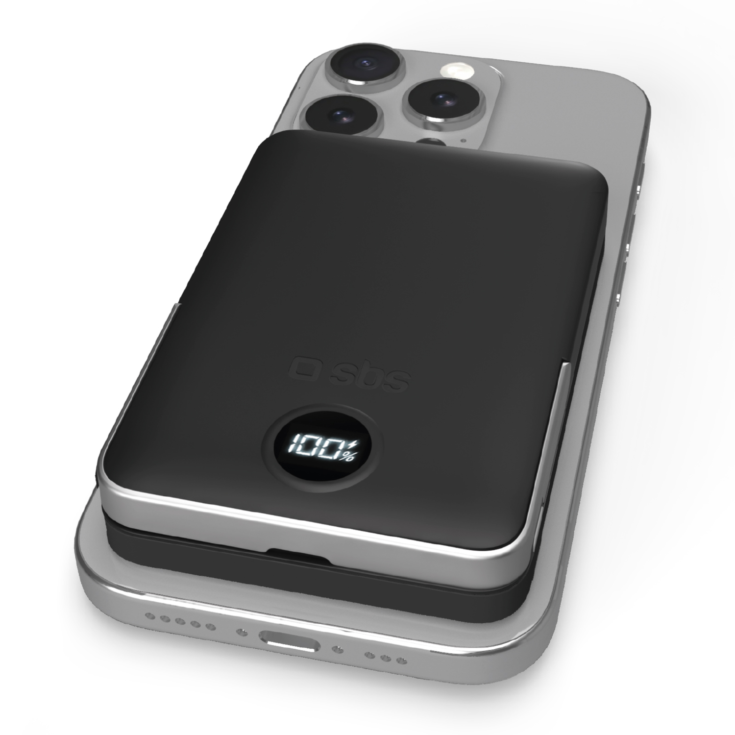 Black power bank attached to the back of a silver phone. The display shows 100%.