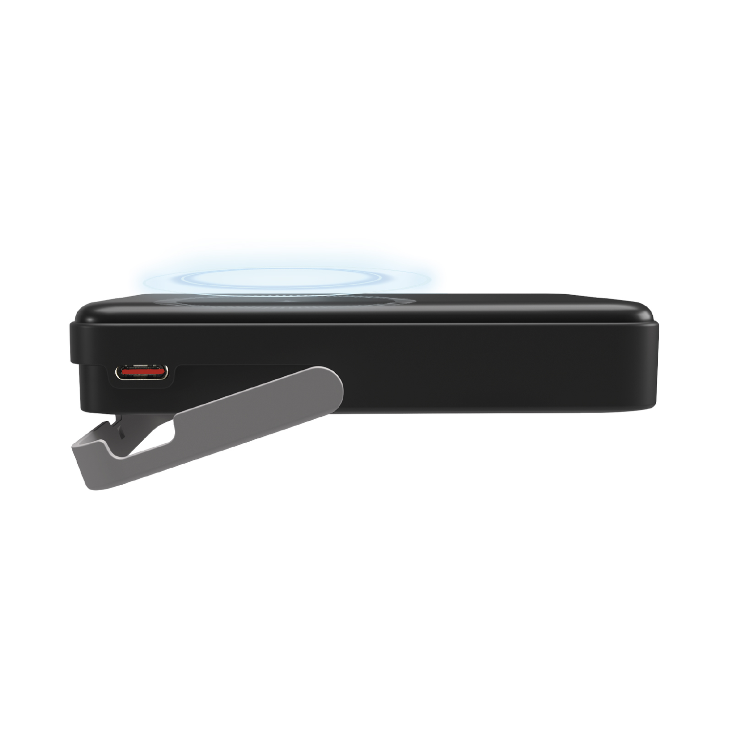 Black portable charger with a stand.