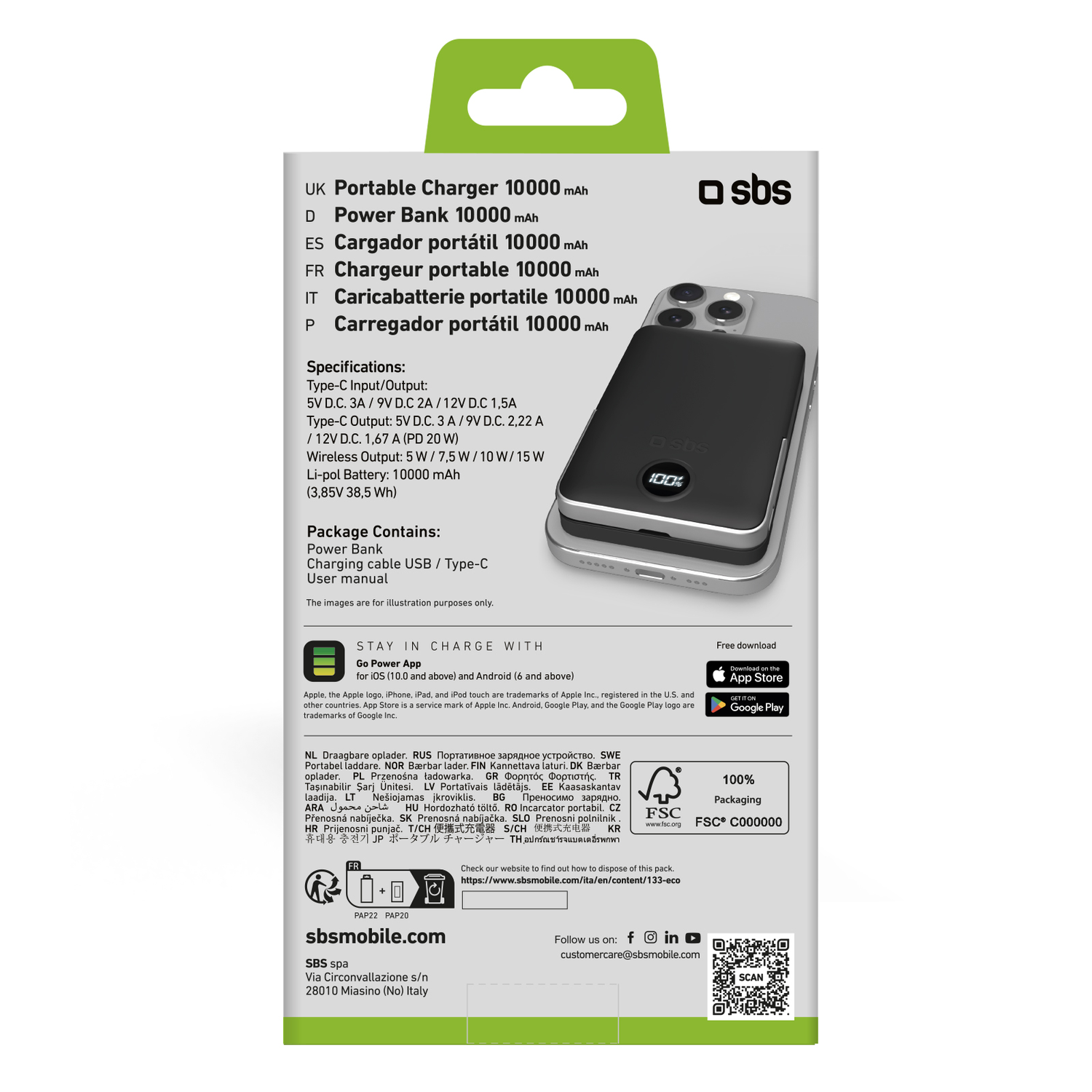 Portable charger with a power bank, cable, and instructions on the back of the box.