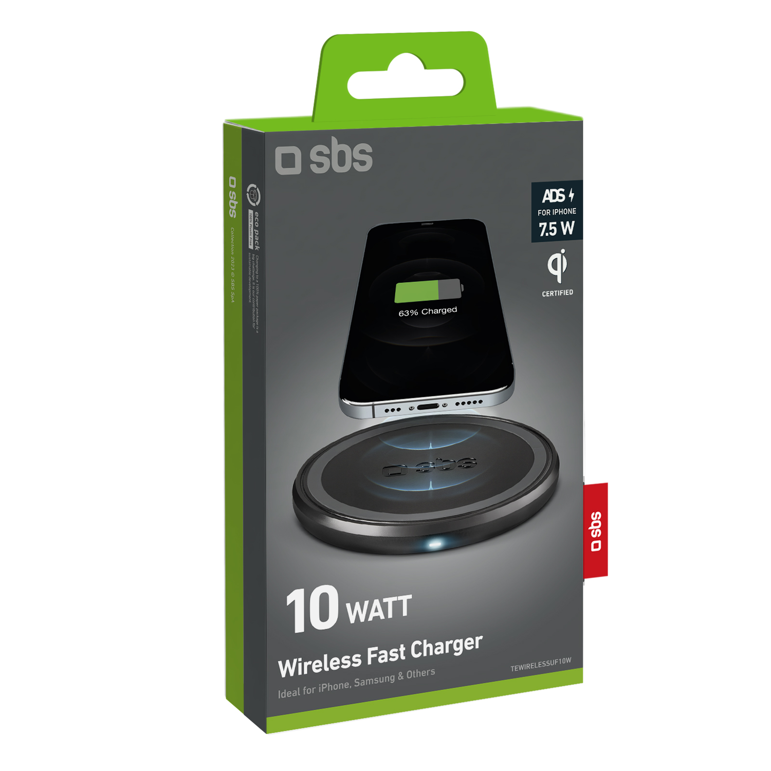 Boîte de chargeur sans fil noir avec image de téléphone, 10W et logo Qi.
