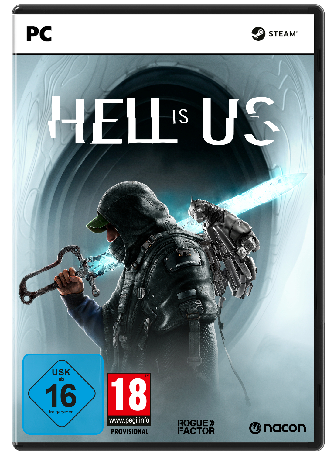 Spielbox für 'Hell is Us', ein Mann mit Schwert, ein Roboter und eine Höhle. PEGI- und USK-Logos. Schwarz.