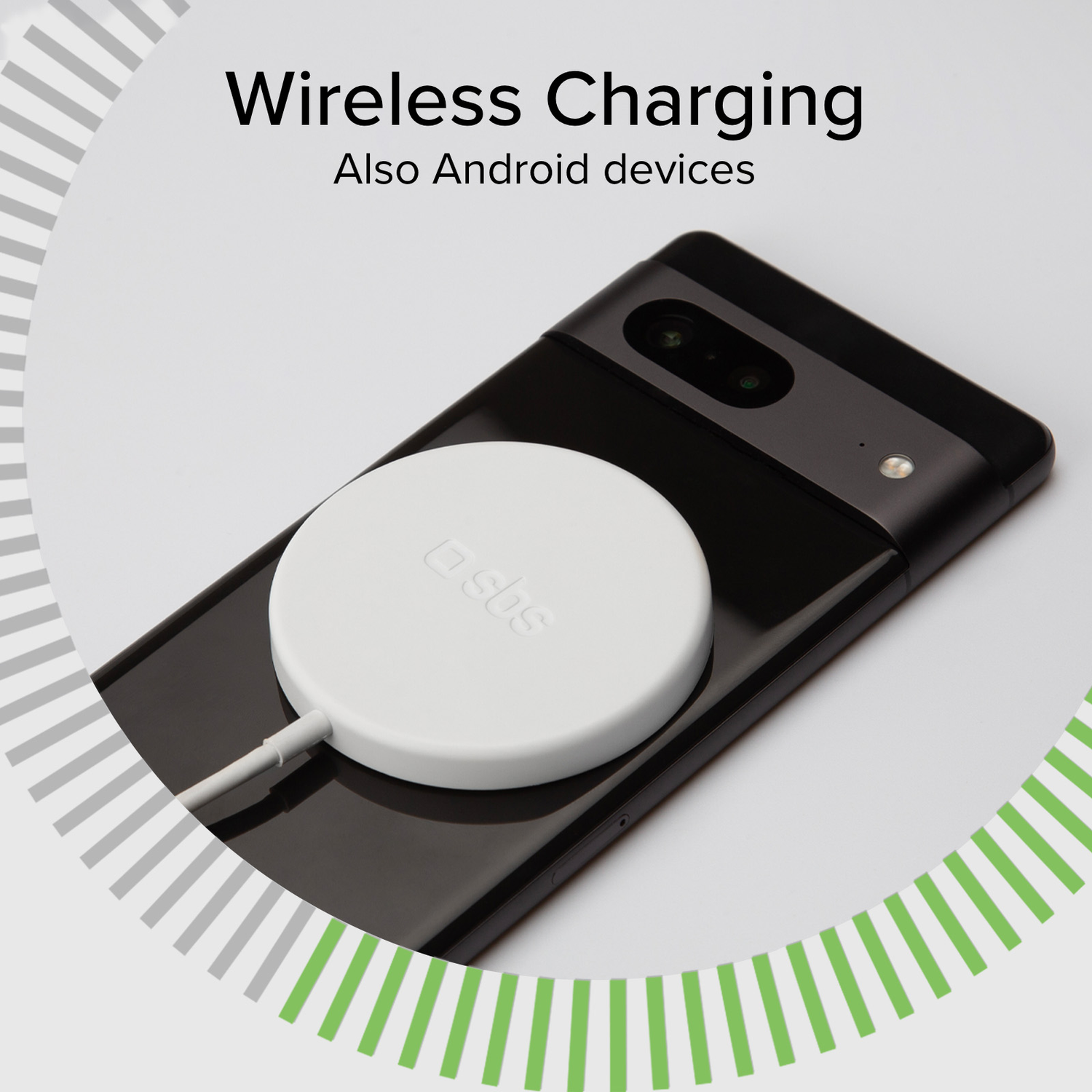 Smartphone noir sur un socle de chargement blanc. Texte : Recharge sans fil.
