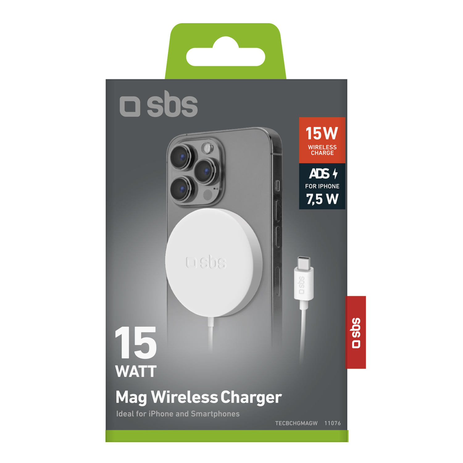 Chargeur sans fil Mag blanc pour iPhone et Smartphones dans une boîte. Image en noir et blanc du téléphone est derrière.