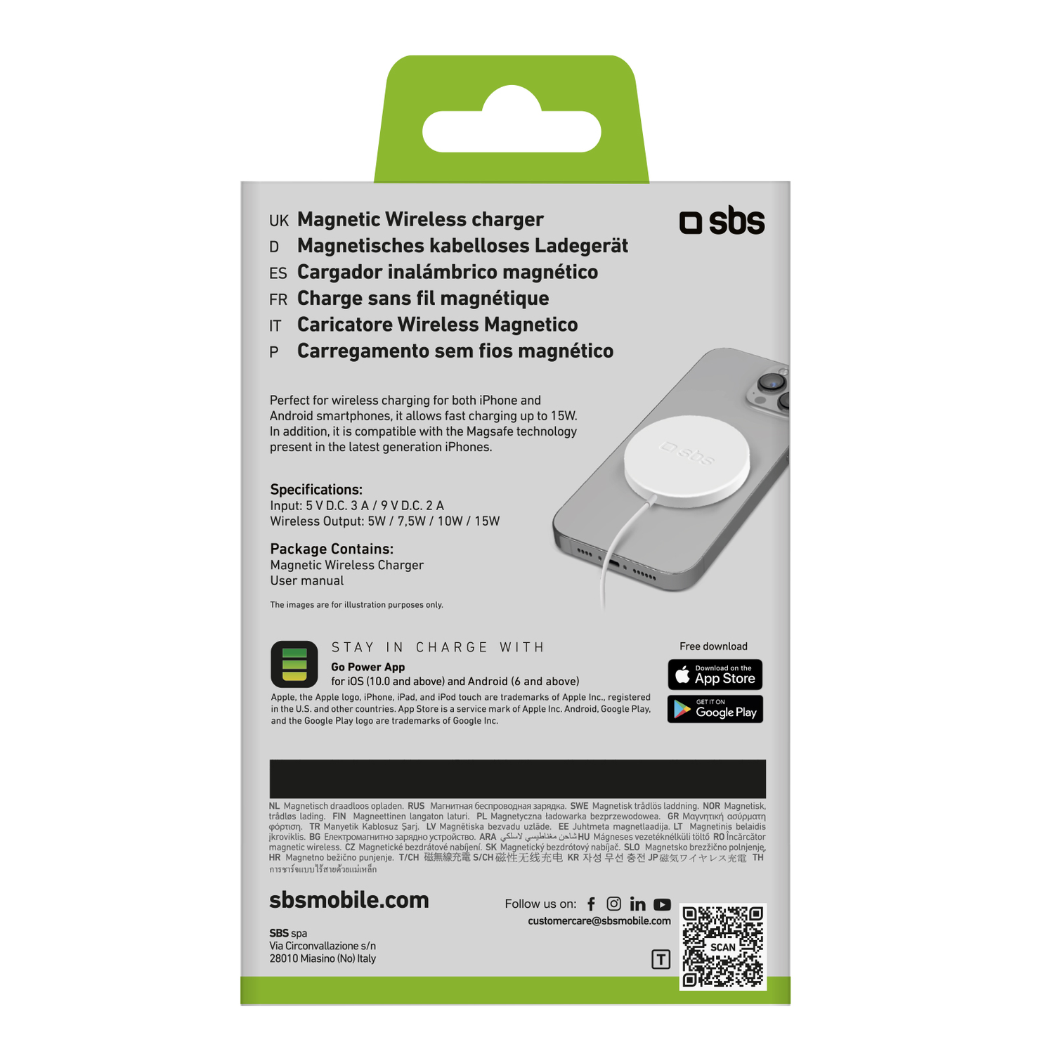 Chargeur sans fil magnétique blanc avec texte en plusieurs langues et un téléphone.