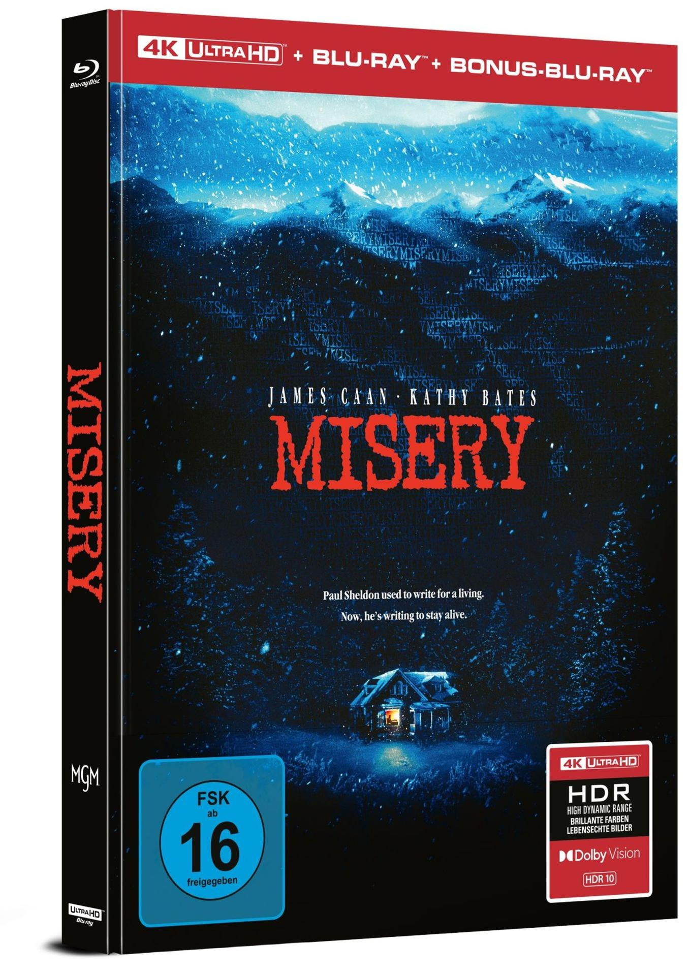 Ein Filmcase mit dem Titel 'Misery' vor verschneitem Hintergrund.