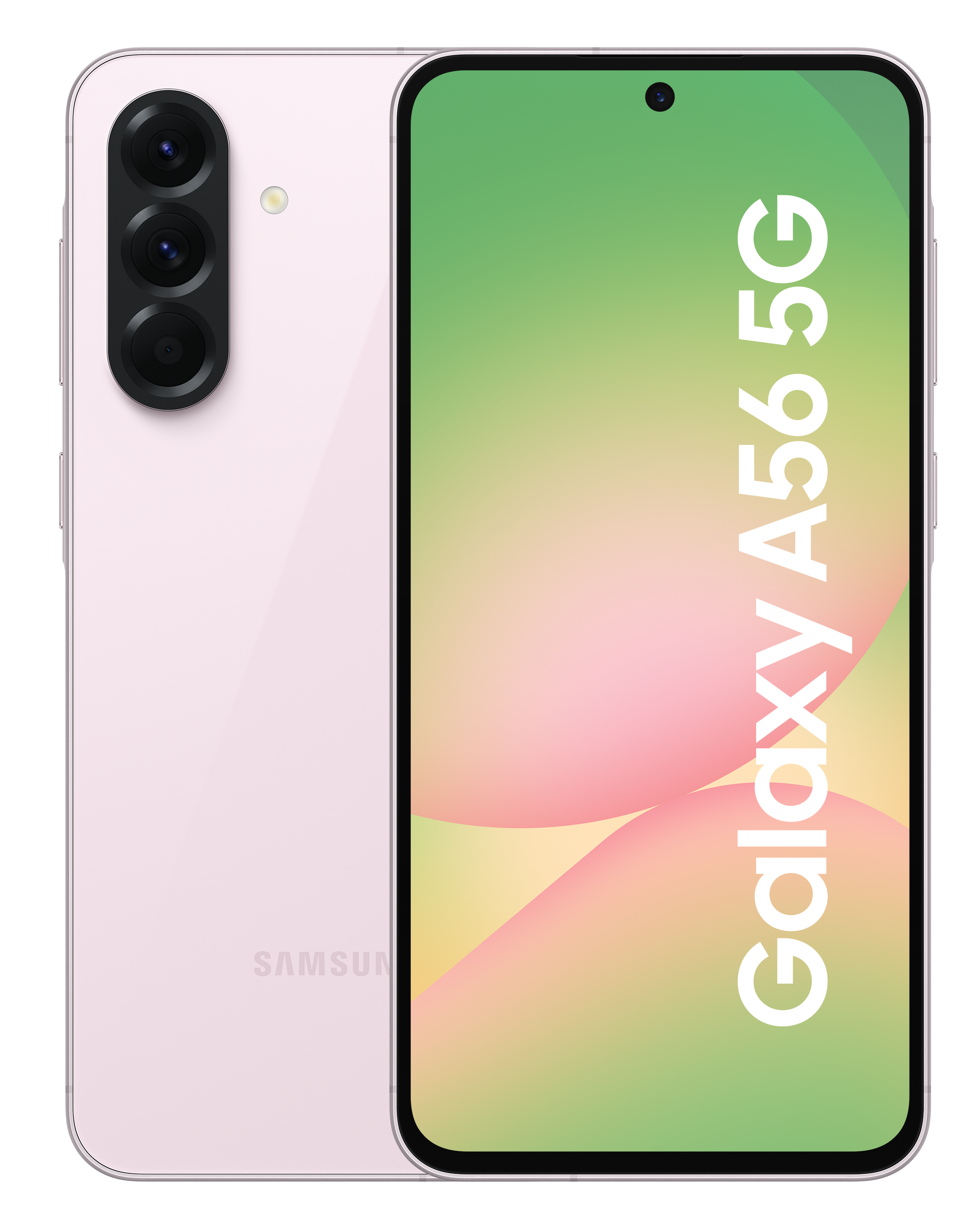 Różowy telefon Samsung Galaxy A56 5G, widok z tyłu i z przodu, z potrójnym aparatem.