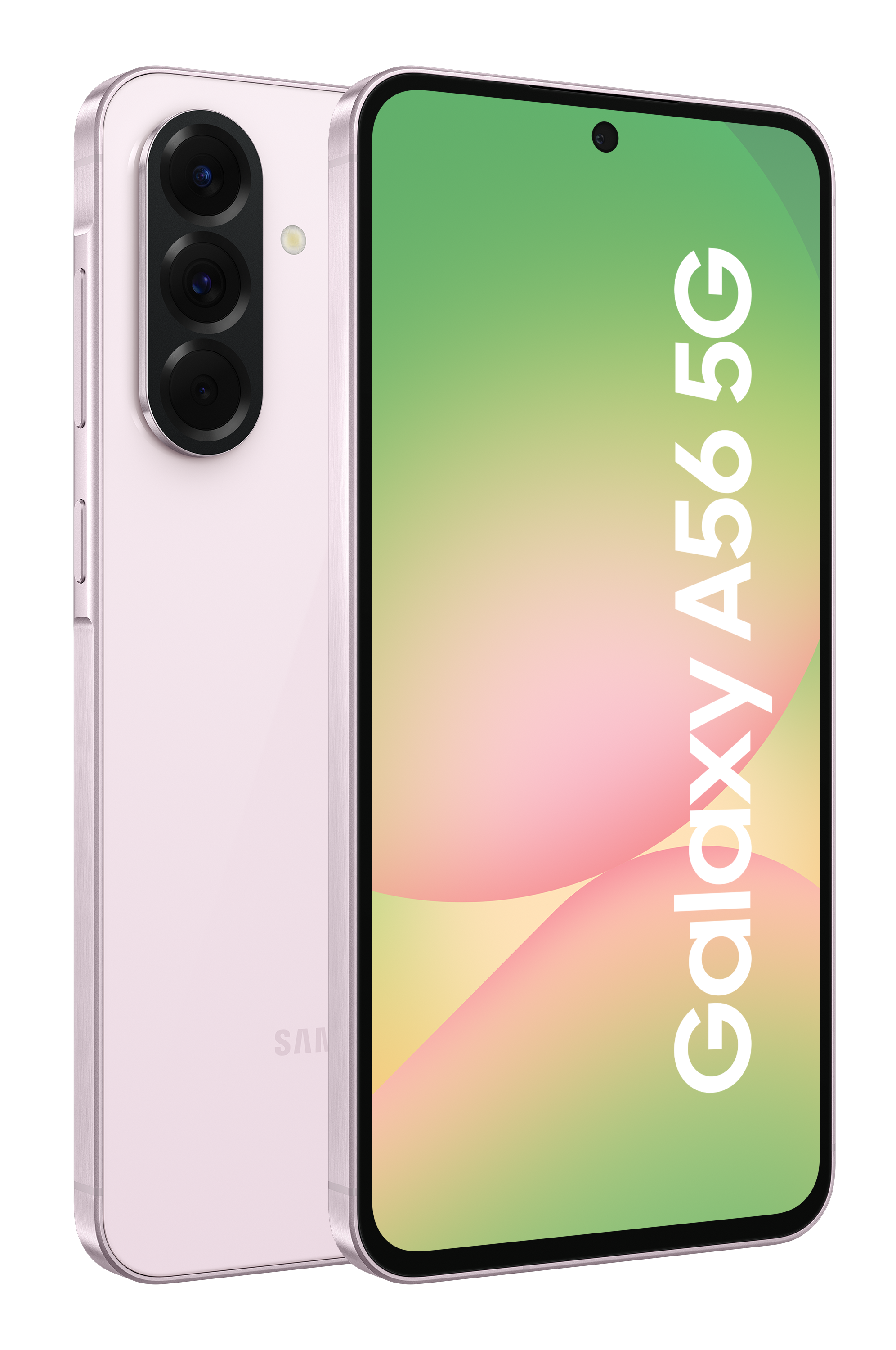 Różowy smartfon Samsung Galaxy A56 5G, z trzema tylnymi aparatami, na czarnym tle.