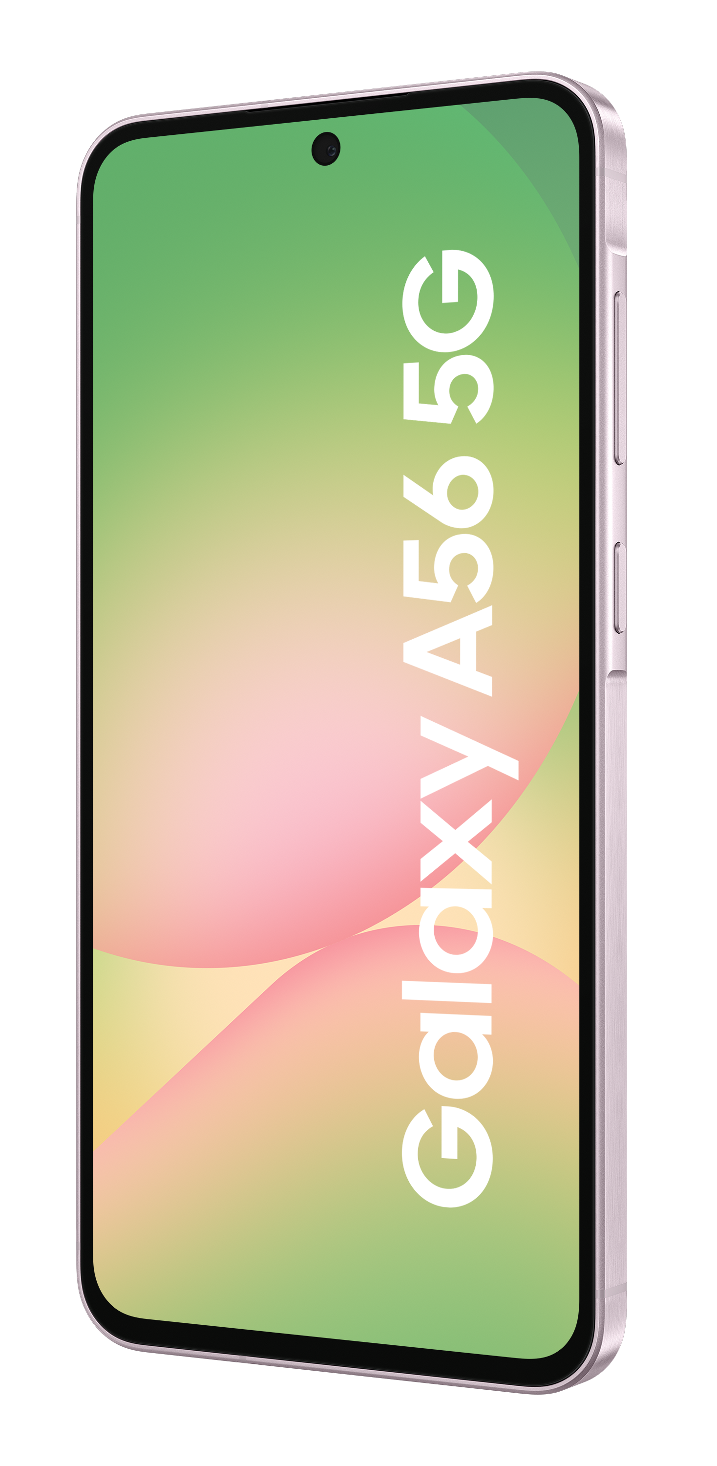 Smartfon. Biały tekst 'Galaxy A56 5G' na ekranie. Telefon jest srebrny i stoi pionowo.