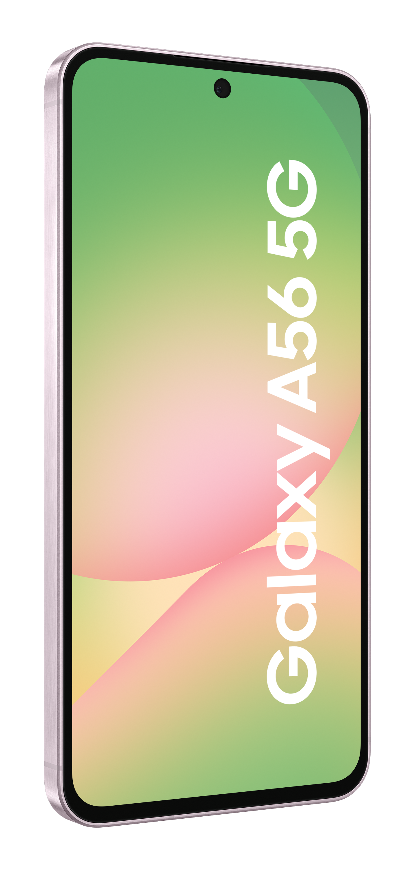 Różowy telefon ze słowami 'Galaxy A56 5G' na ekranie, na czarnym tle.