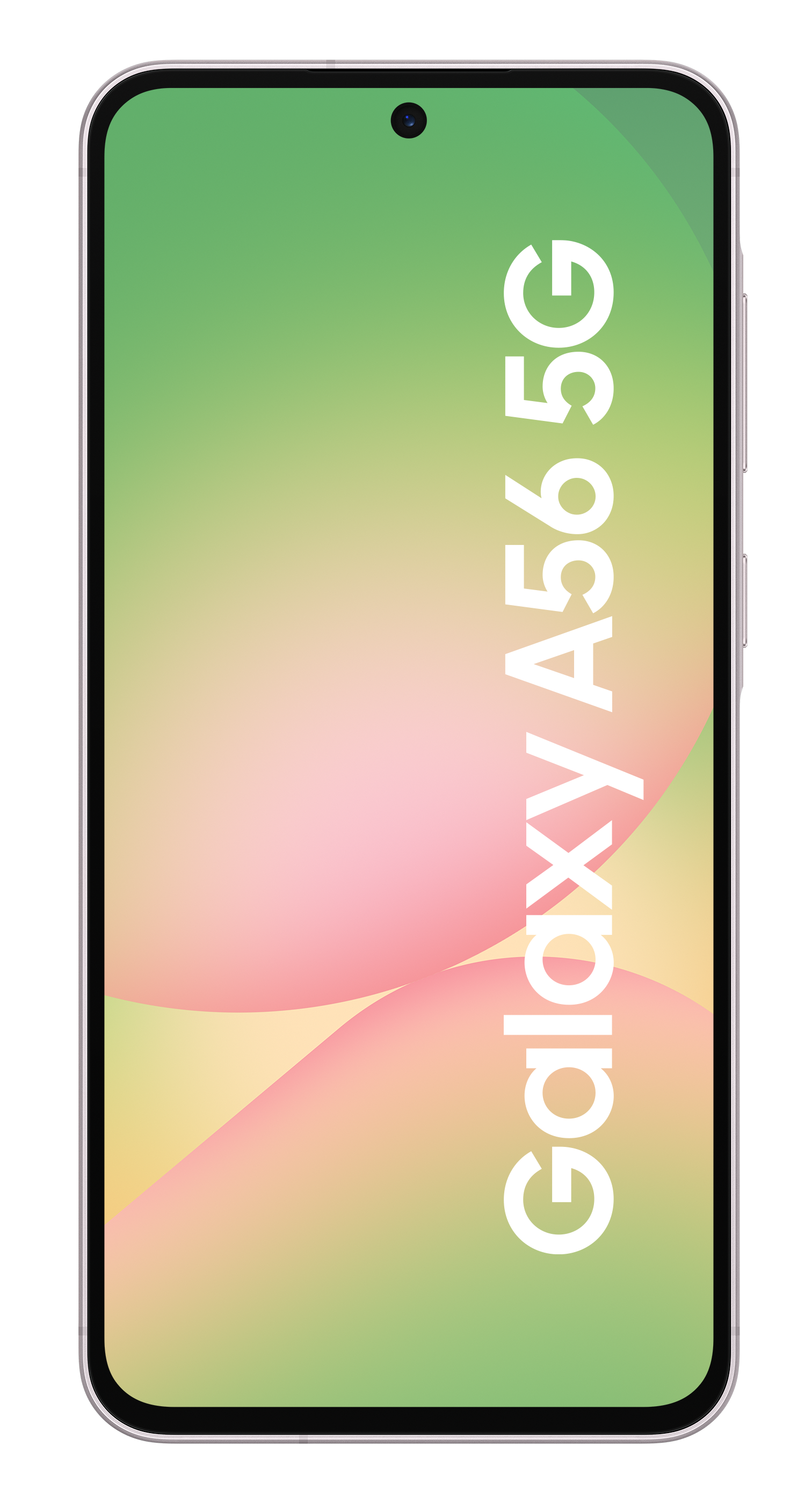 Smartfon z kolorowym ekranem. Ekran wyświetla gradient kolorów różowego, żółtego i zielonego.