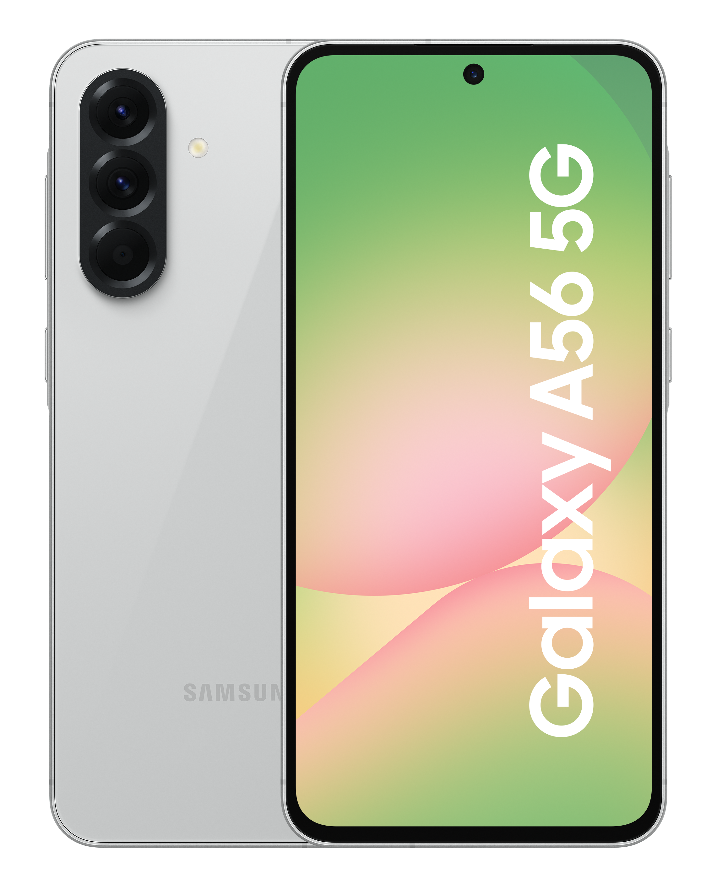 Telefon Samsung Galaxy A56 5G, biały tył i ekran, zielone i różowe tło.