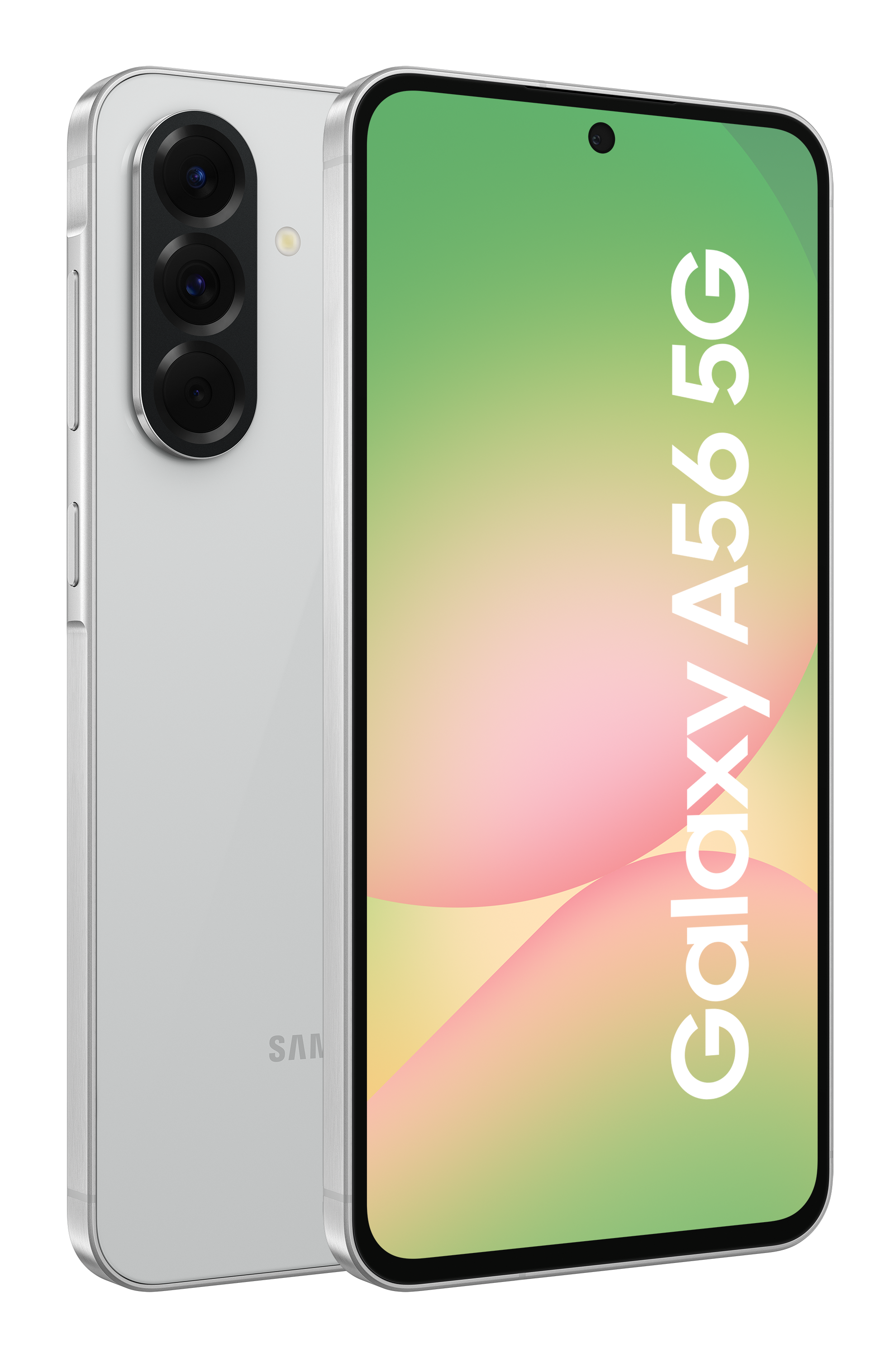 Biały telefon Samsung Galaxy A56 5G, z trzema tylnymi aparatami, na czarnym tle.