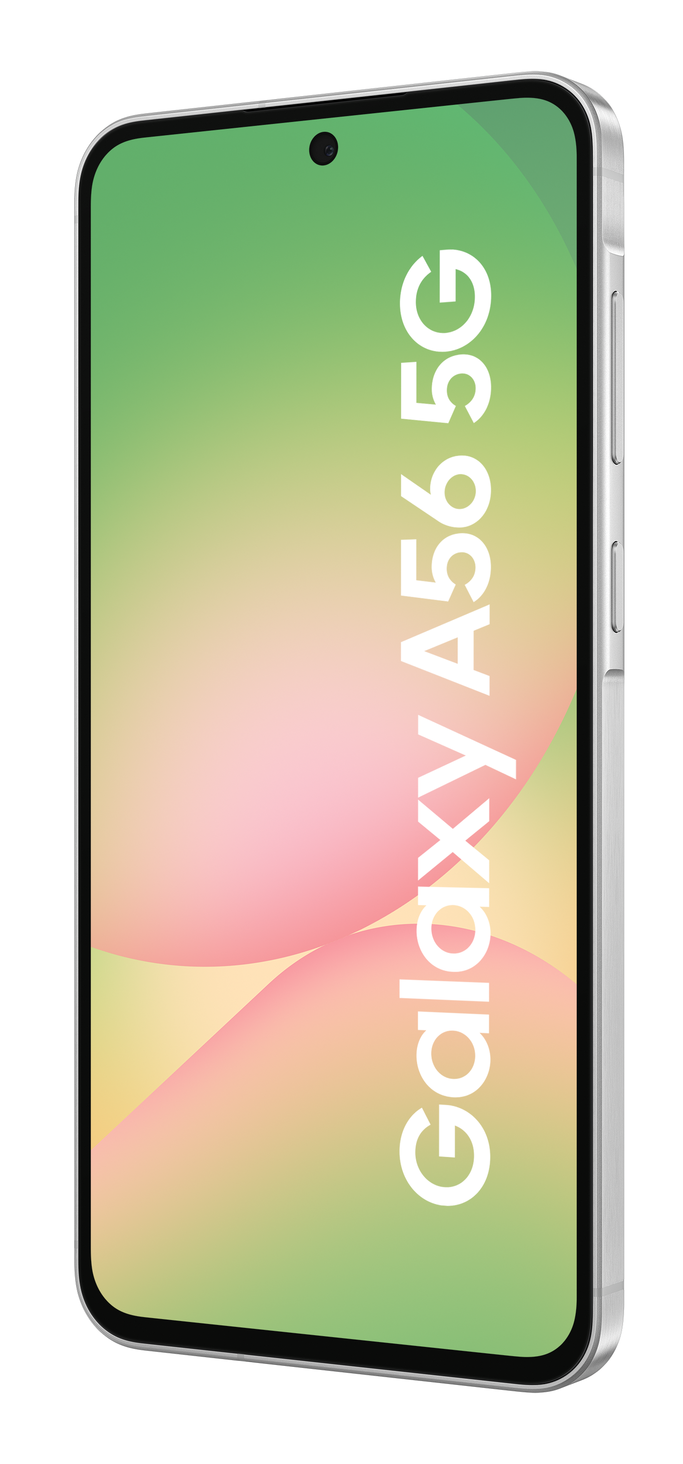 Srebrny telefon z zielono-różowym gradientem na ekranie.