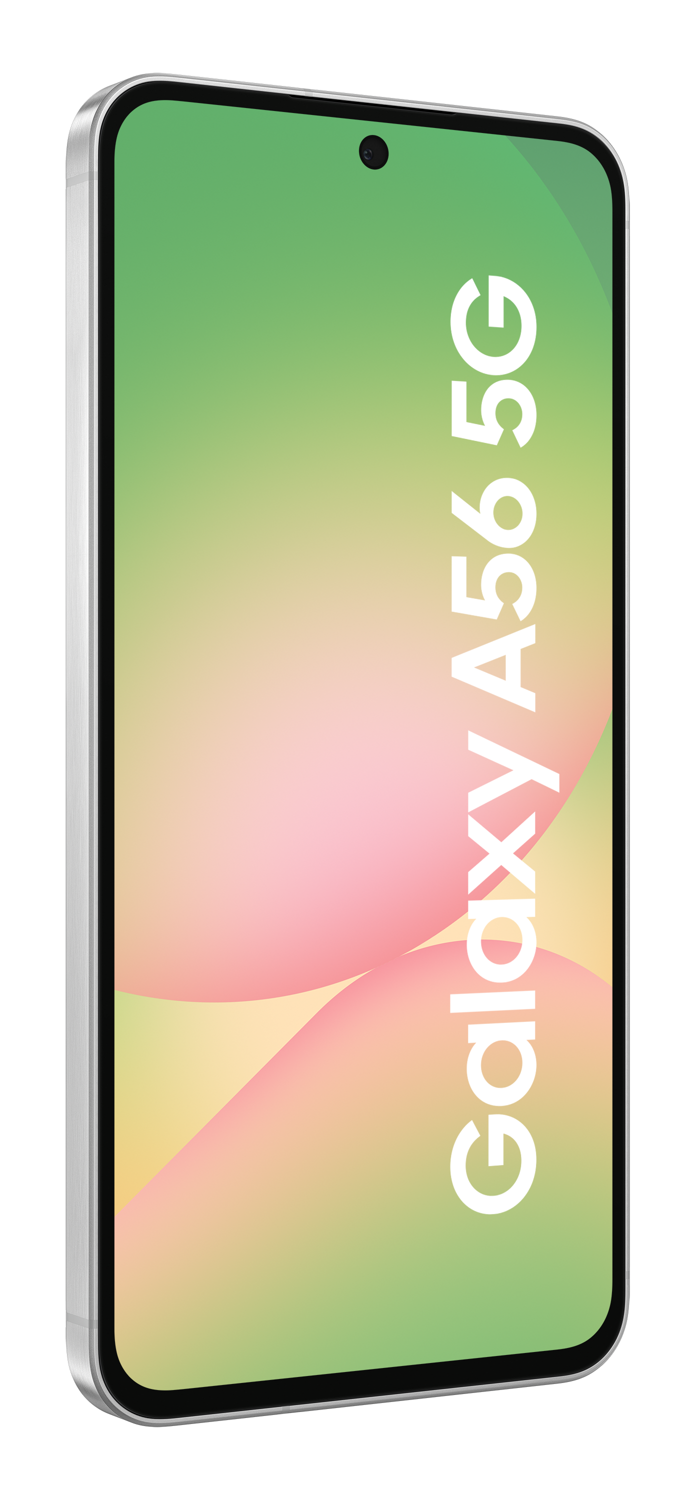 Telefon Galaxy A56 5G, srebrna ramka, z gradientowym ekranem.