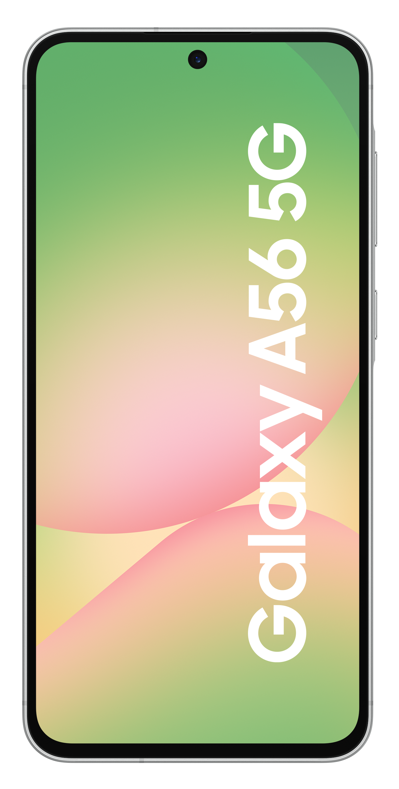 Biały i srebrny smartfon Samsung Galaxy A56 5G na tle kolorowego gradientu.