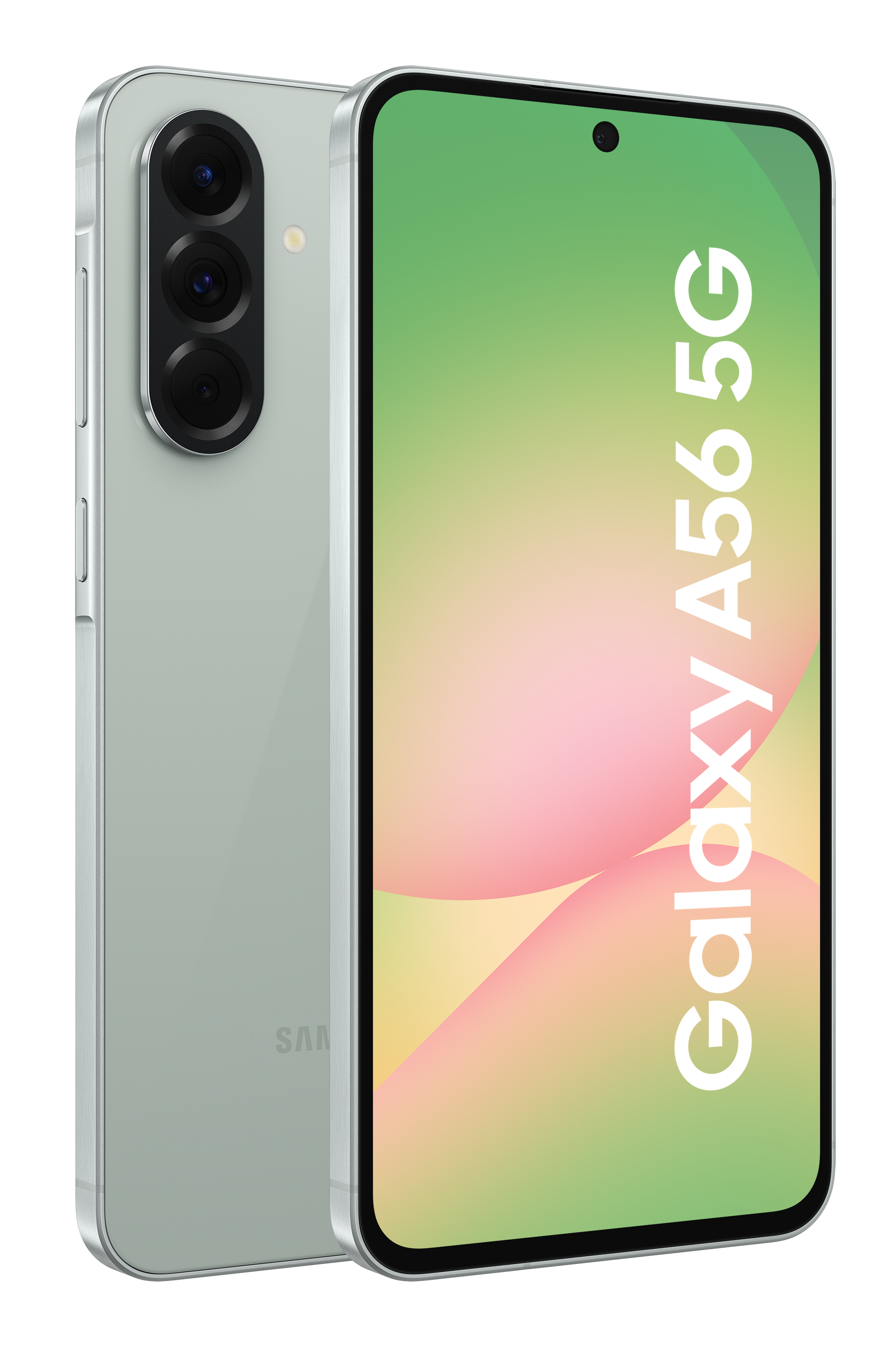 Smartfon, widok z tyłu, jasnozielony z trzema aparatami. Tekst 'Galaxy A56 5G'.