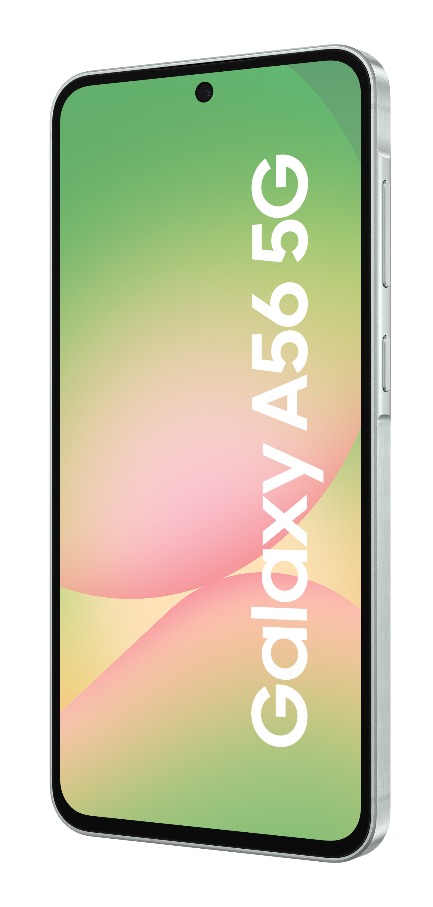 Srebrny i biały smartfon. Ekran pokazuje kolorowy, abstrakcyjny obraz.