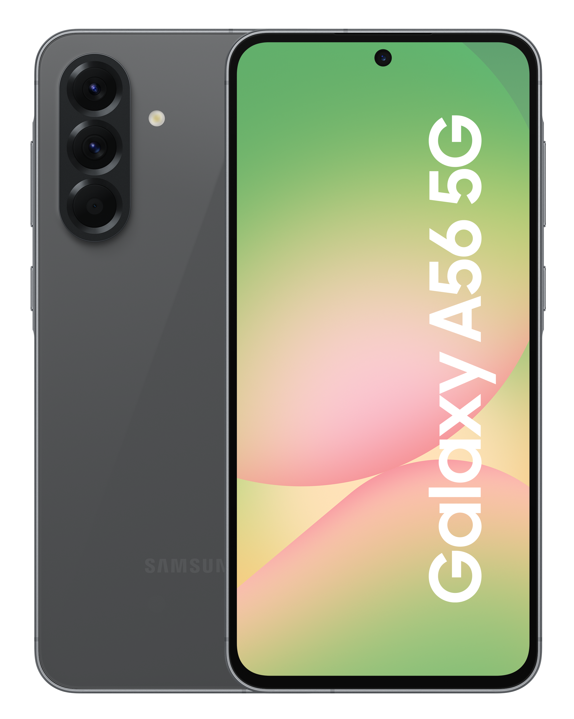 Szary telefon Samsung Galaxy A56 5G z wieloma tylnymi aparatami i zielonym gradientem z tyłu.