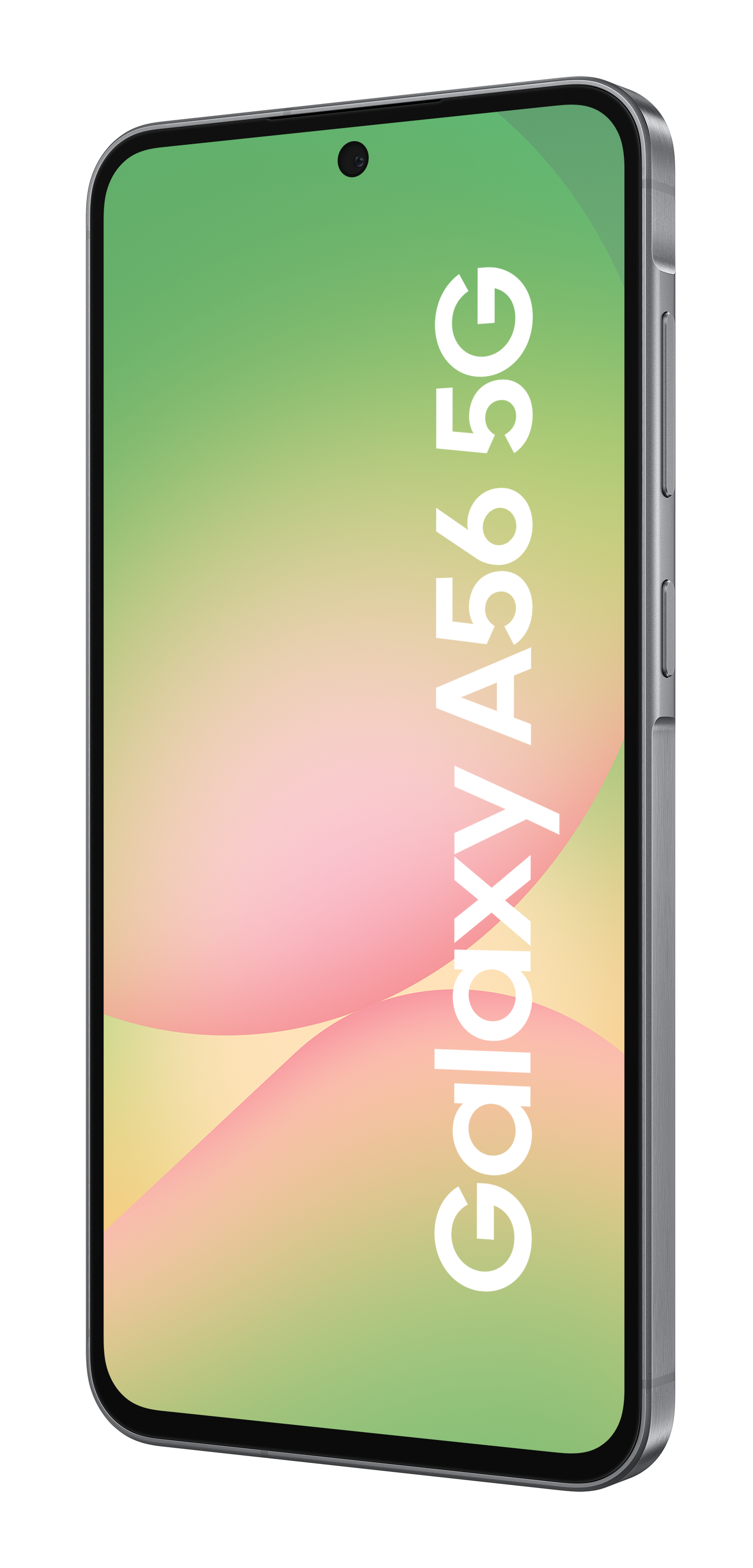 Srebrny smartfon z zakrzywionym ekranem, wyświetlający tekst Galaxy A56 5G.