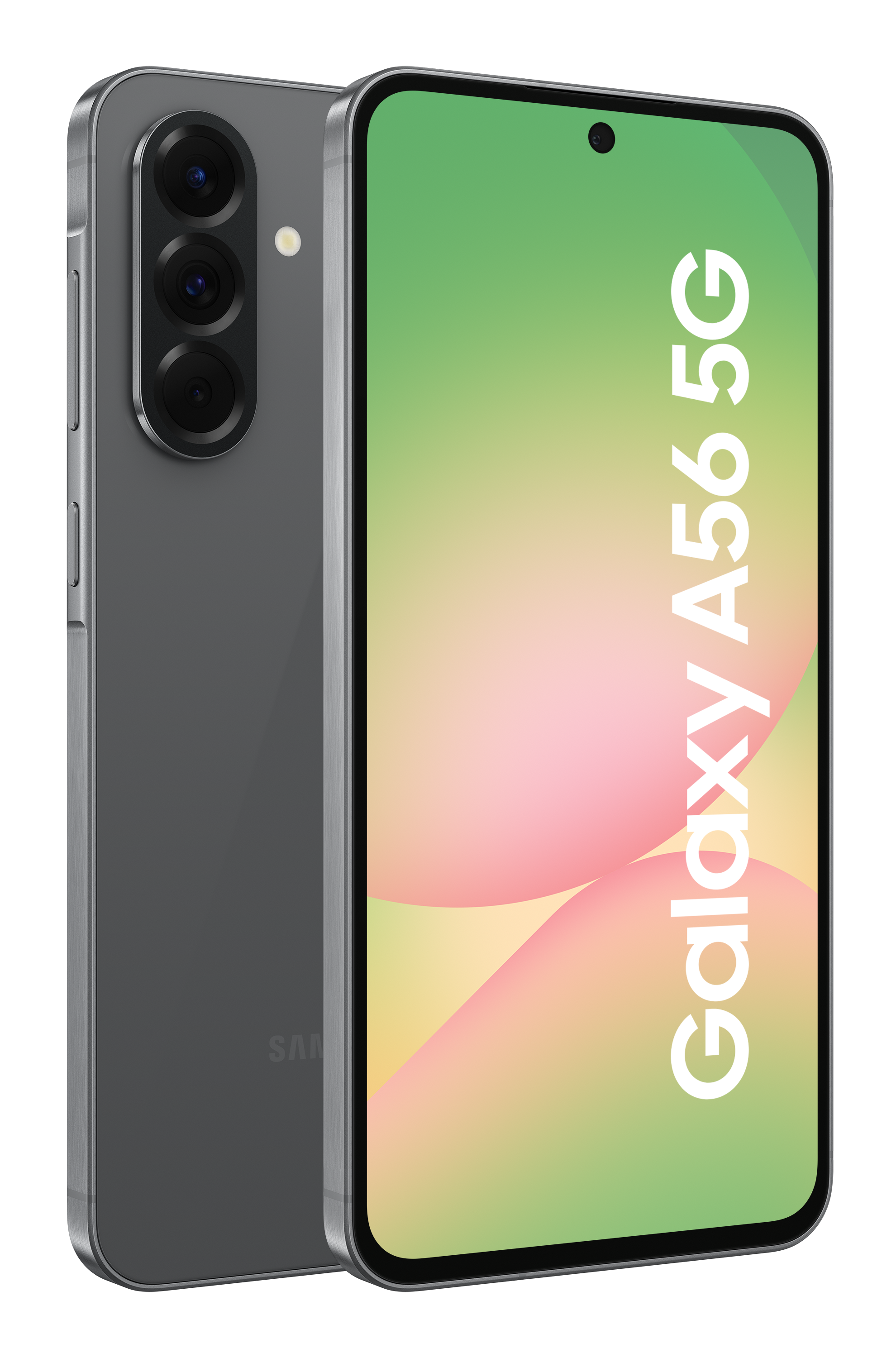 Smartfon z kolorowym ekranem z napisem Galaxy A56 5G.