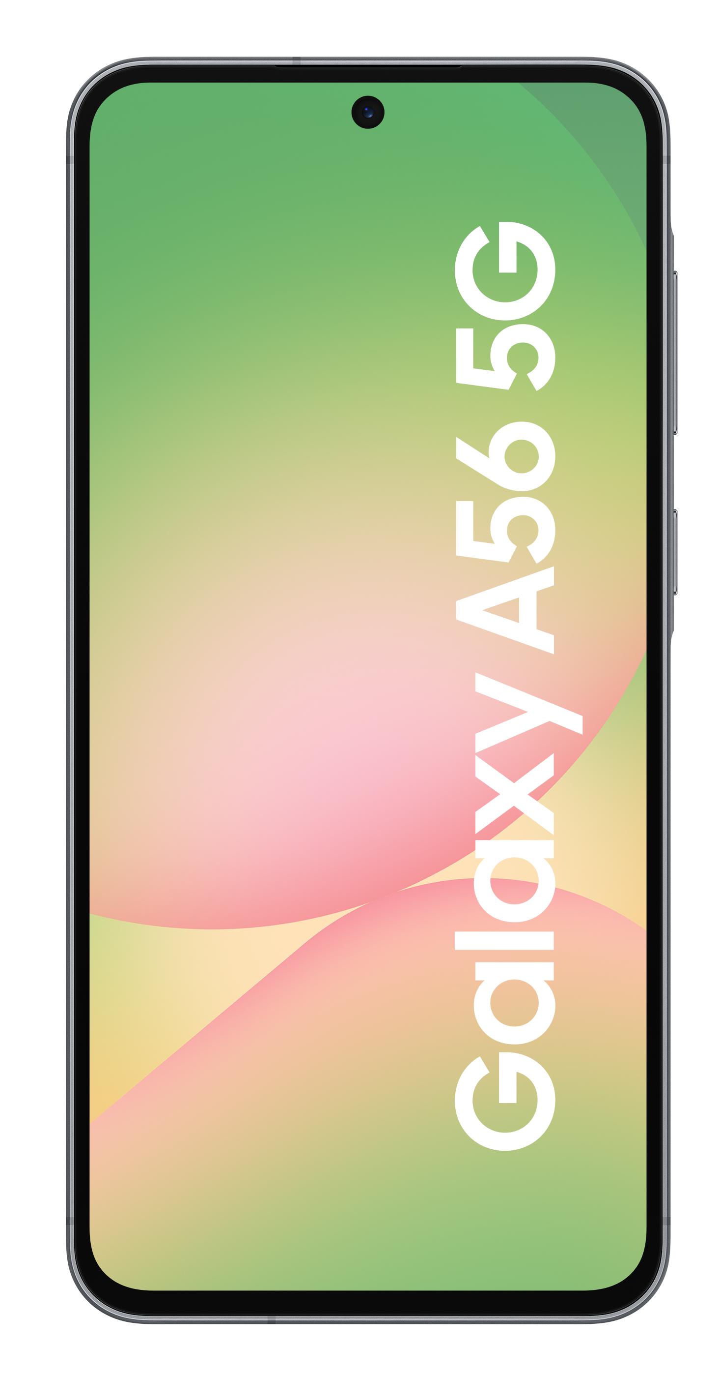 Różowo-biały smartfon Galaxy A56 5G na czarnym tle.