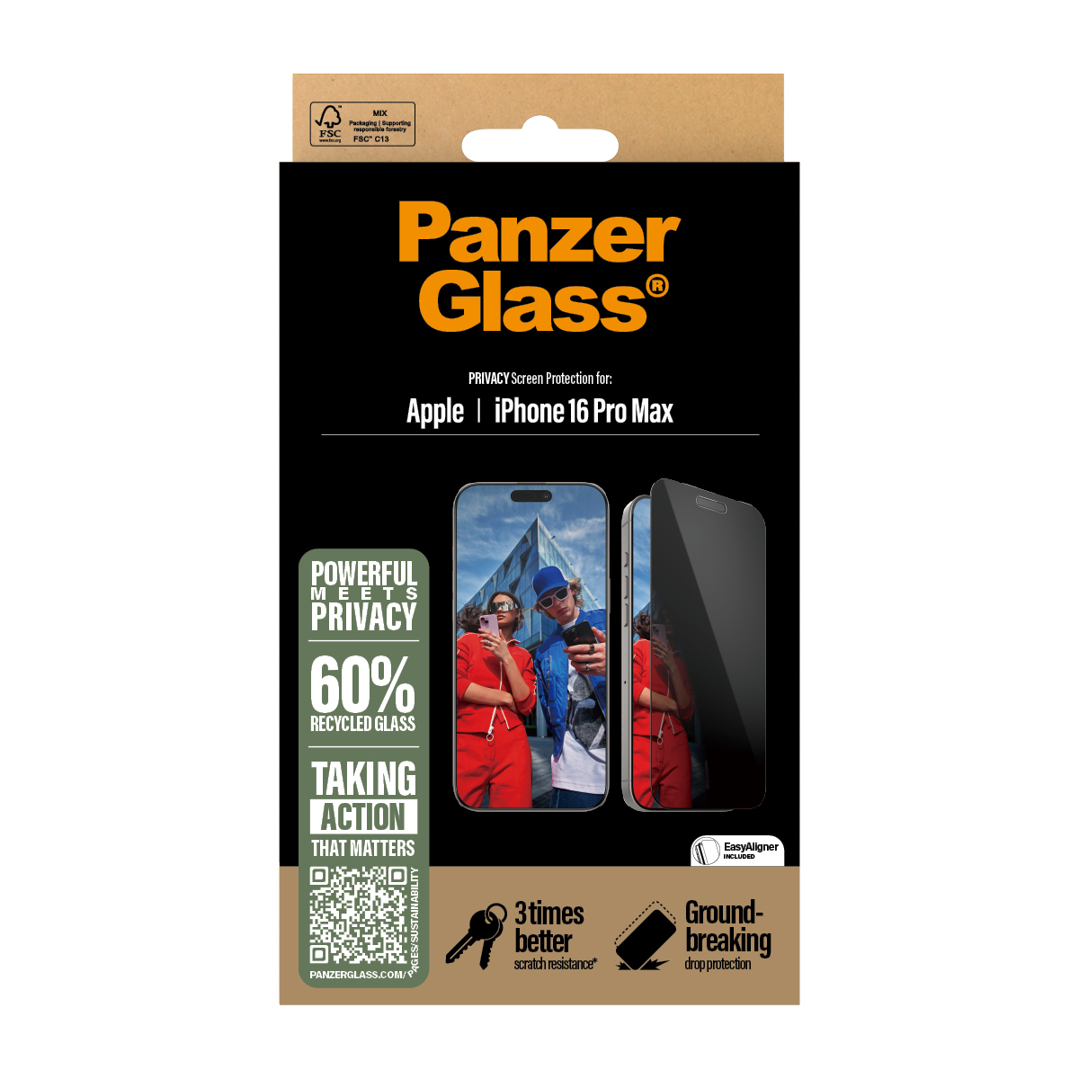 PanzerGlass iPhone 16 Pro Max Displayschutzverpackung. Merkmale sind Privatsphäre, Recyclingglas und Kratzfestigkeit.