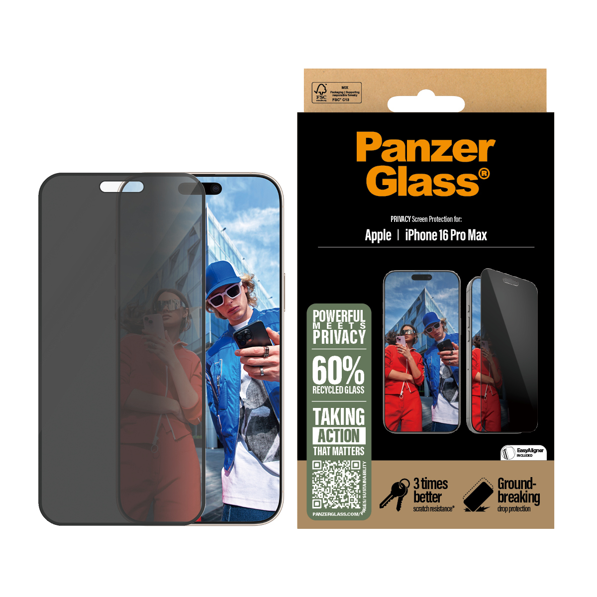 PanzerGlass Displayschutz für iPhone. Bild zeigt aufgebrachten Displayschutz mit Reflexion eines Fotos von Personen.