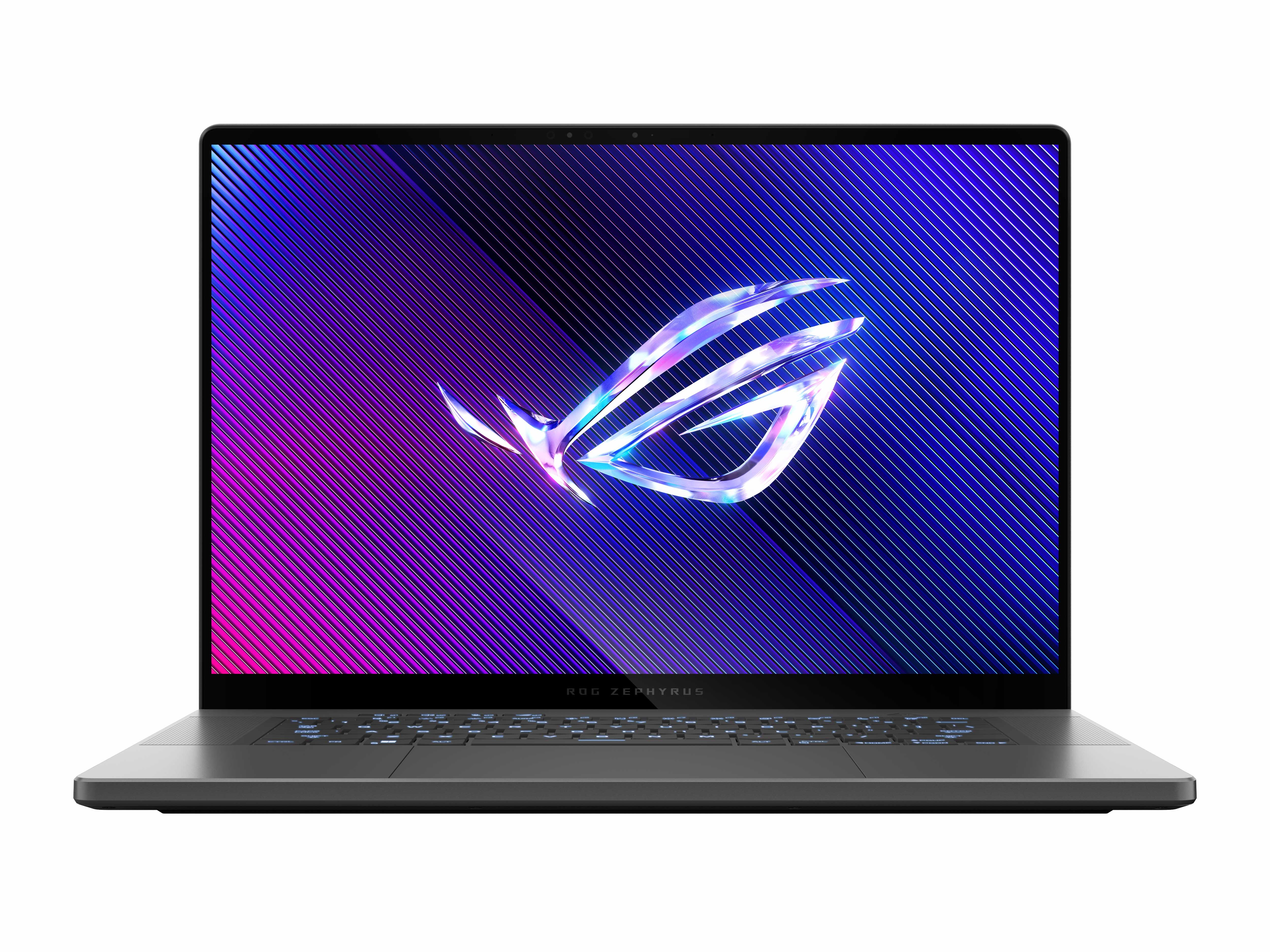Dizüstü bilgisayar ekranı, ROG logosu ile renkli bir grafik görüntüler. Modern tasarım, gri gövde, önden görünüm.