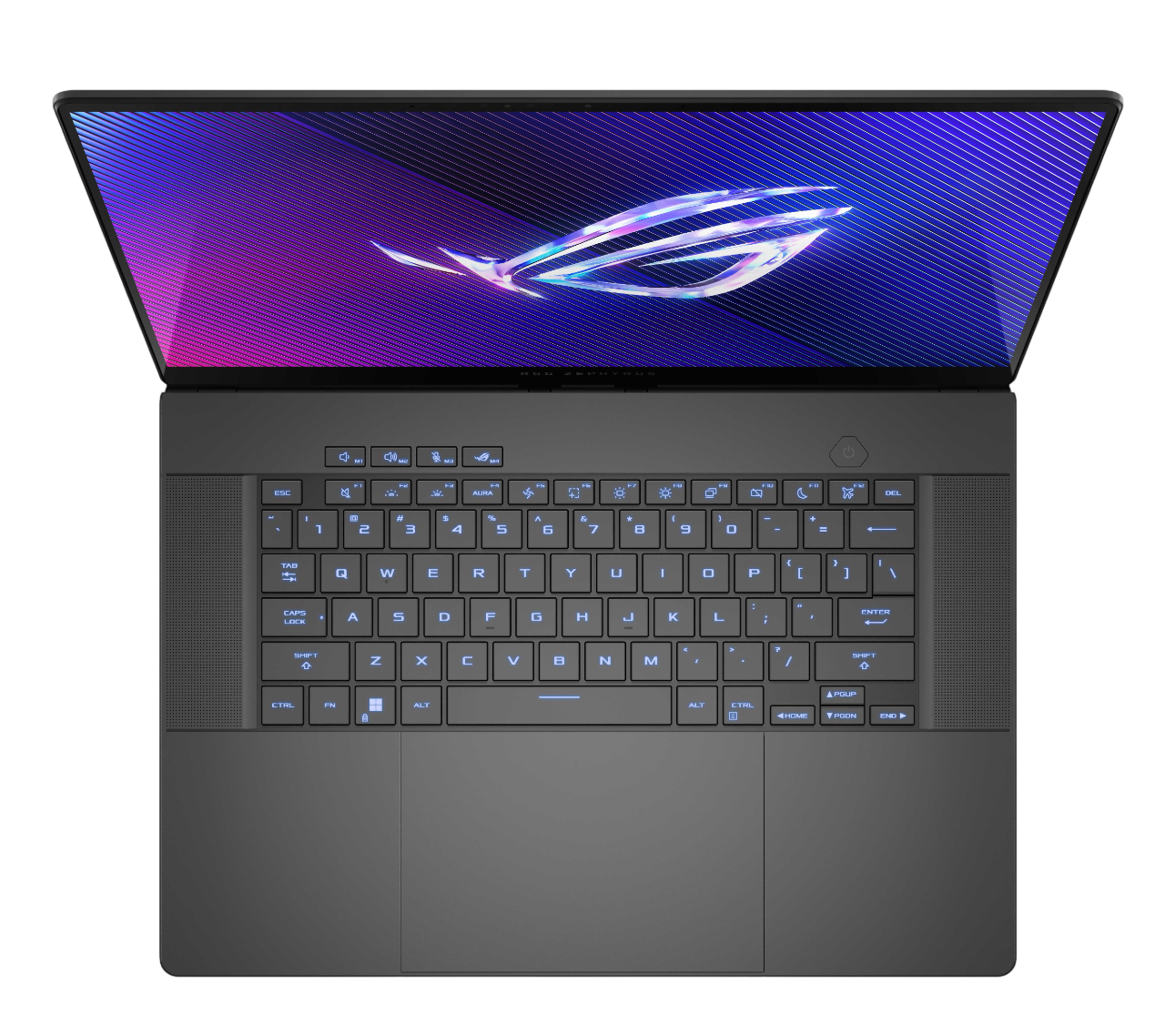 Laptopun üstten görünümü. Aydınlatmalı tuşlara sahip klavye ve ROG logolu ekran.