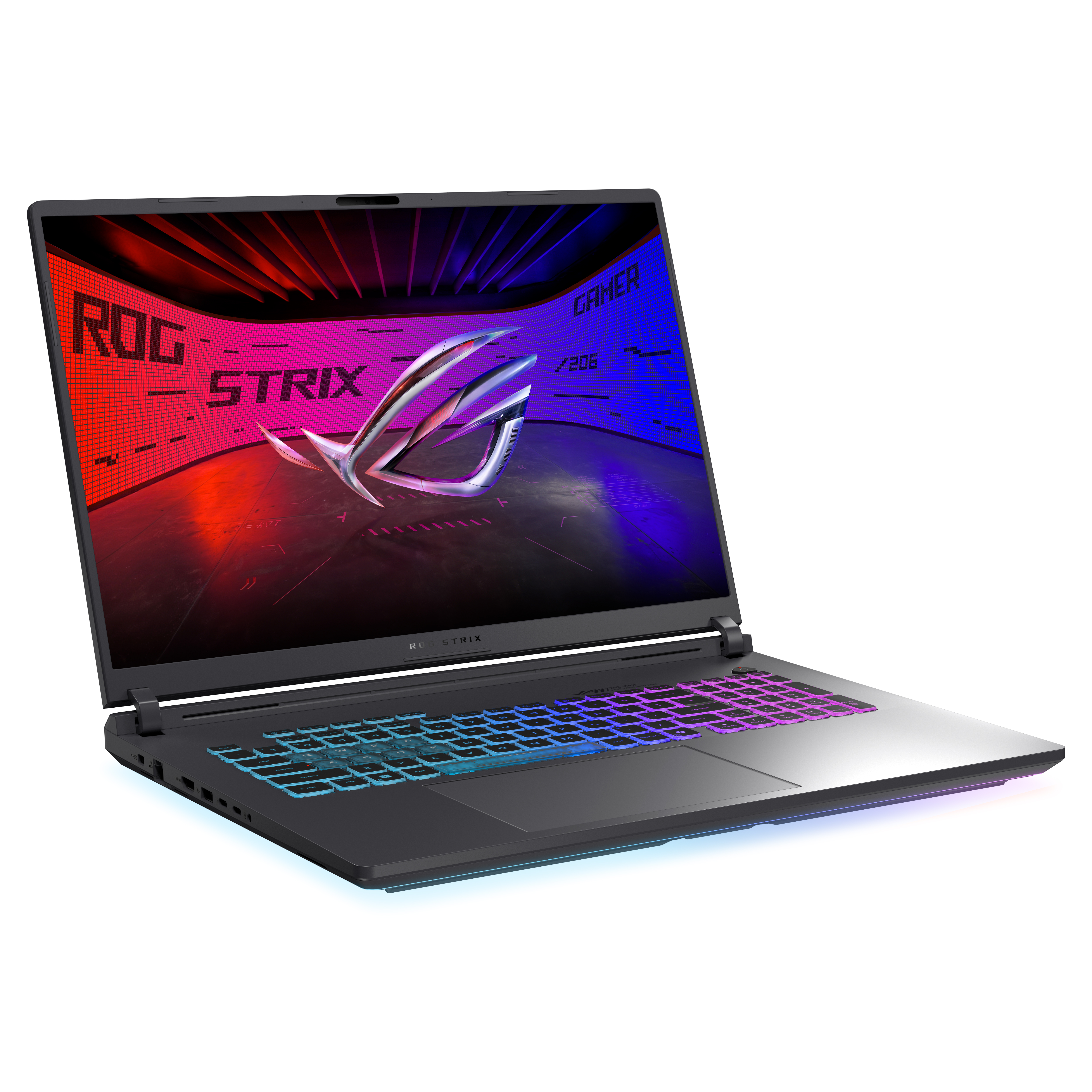 Beyaz bir yüzeyde, renkli arkadan aydınlatmalı klavyeye sahip siyah bir dizüstü bilgisayar. Ekranda ROG Strix logosu.