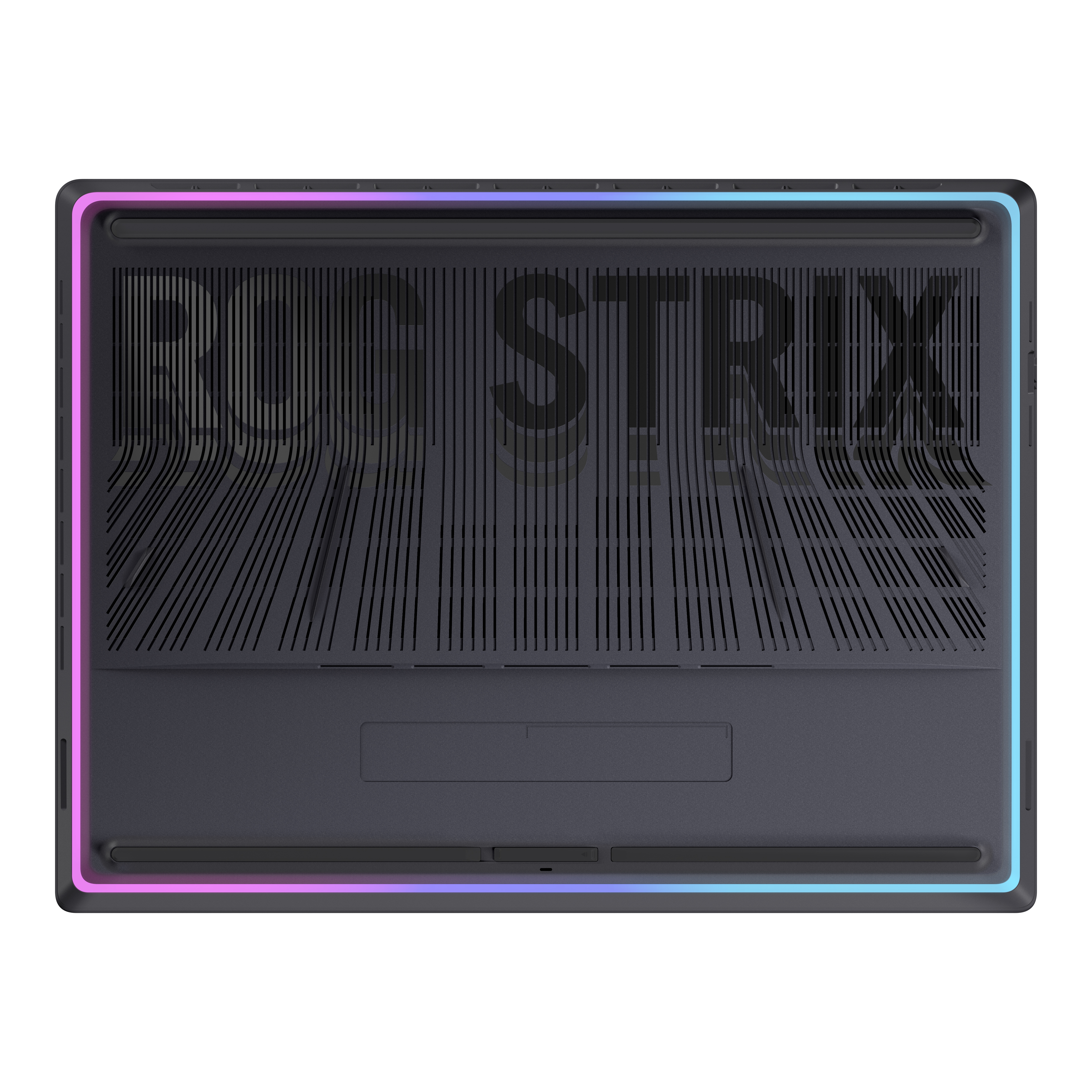 ROG STRIX yazılı siyah dizüstü bilgisayar tabanı. Bir gradyan ışık çerçevesi tabanı çevreler.