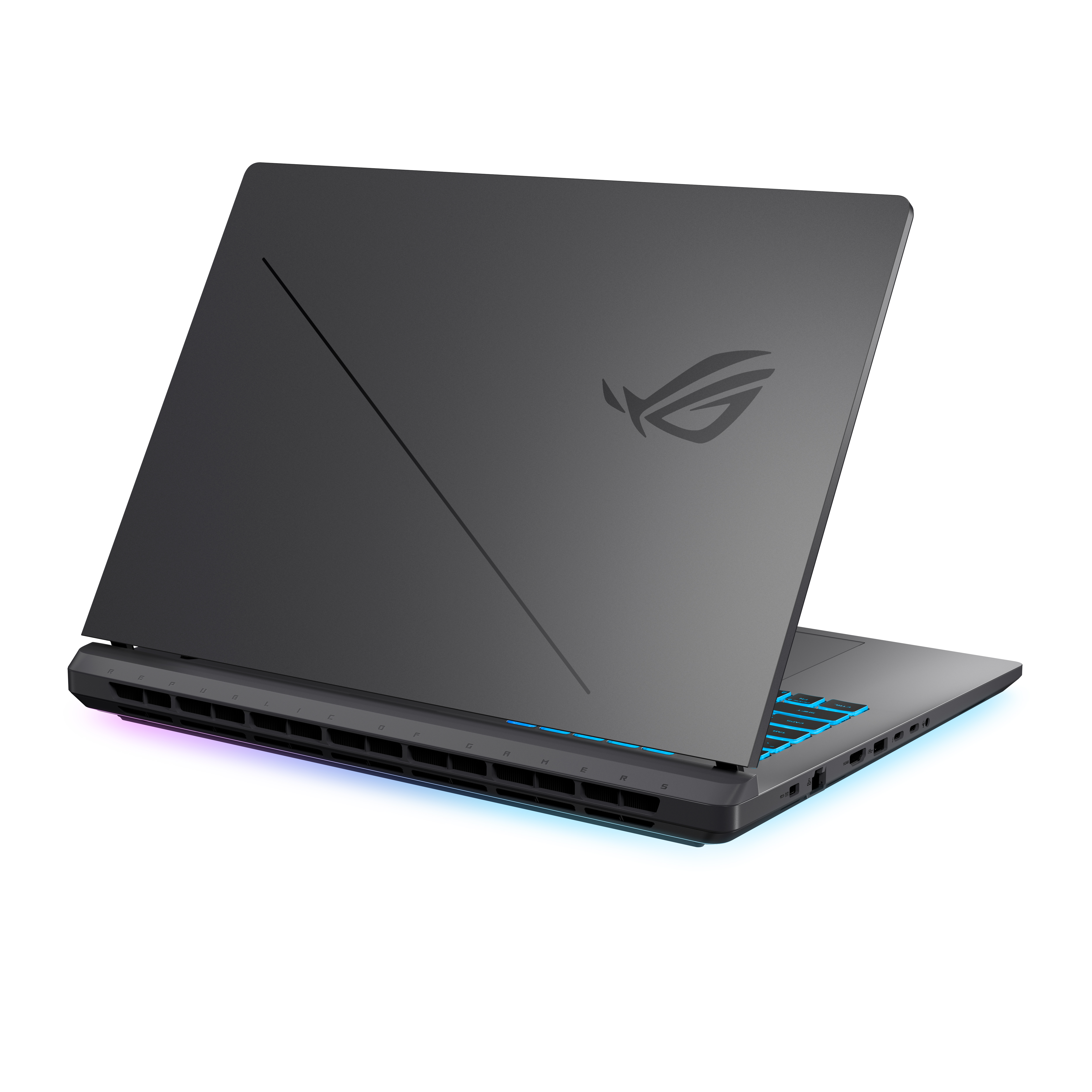 ROG logosu olan koyu gri bir dizüstü bilgisayarın beyaz bir yüzeydeki arka görünümü.