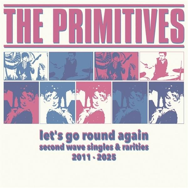 Albumcover für 'The Primitives'. Zeigt Bandmitglieder in verschiedenen Quadraten mit rosa und blauen Farbtönen.