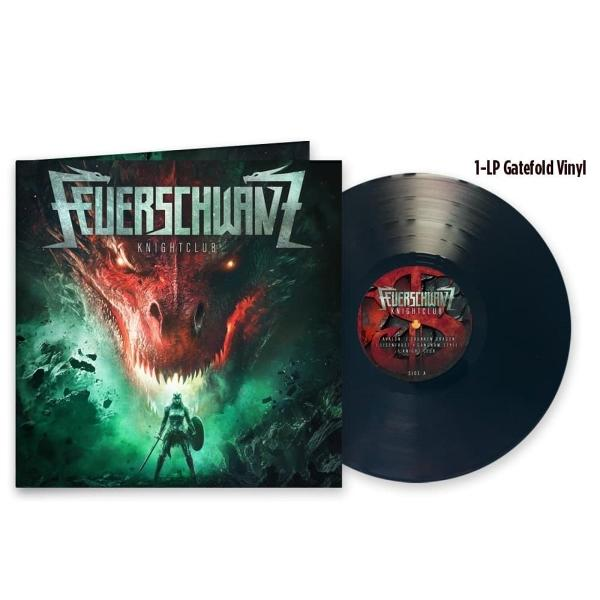 Albumcover von Feuerchwanz Knightclub. Es zeigt einen Drachen, einen Krieger und eine Schallplatte.