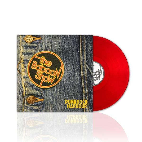Albumcover mit Jeansstoff-Textur, rote Vinyl.