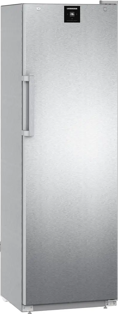 Edelstahlkühlschrank mit Griff. Digitalanzeige oben.